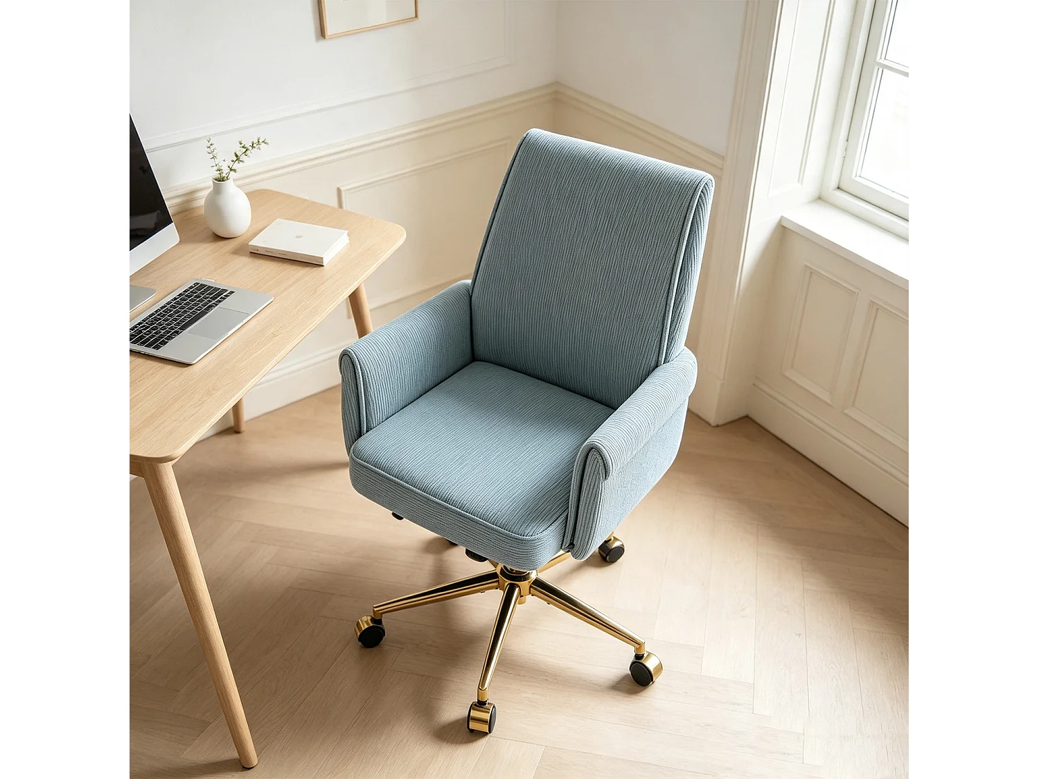 MEUBLES COSY ELVAN Chaise de bureau pivotante réglable en hauteur en velours côtelé bleu avec pieds dorés