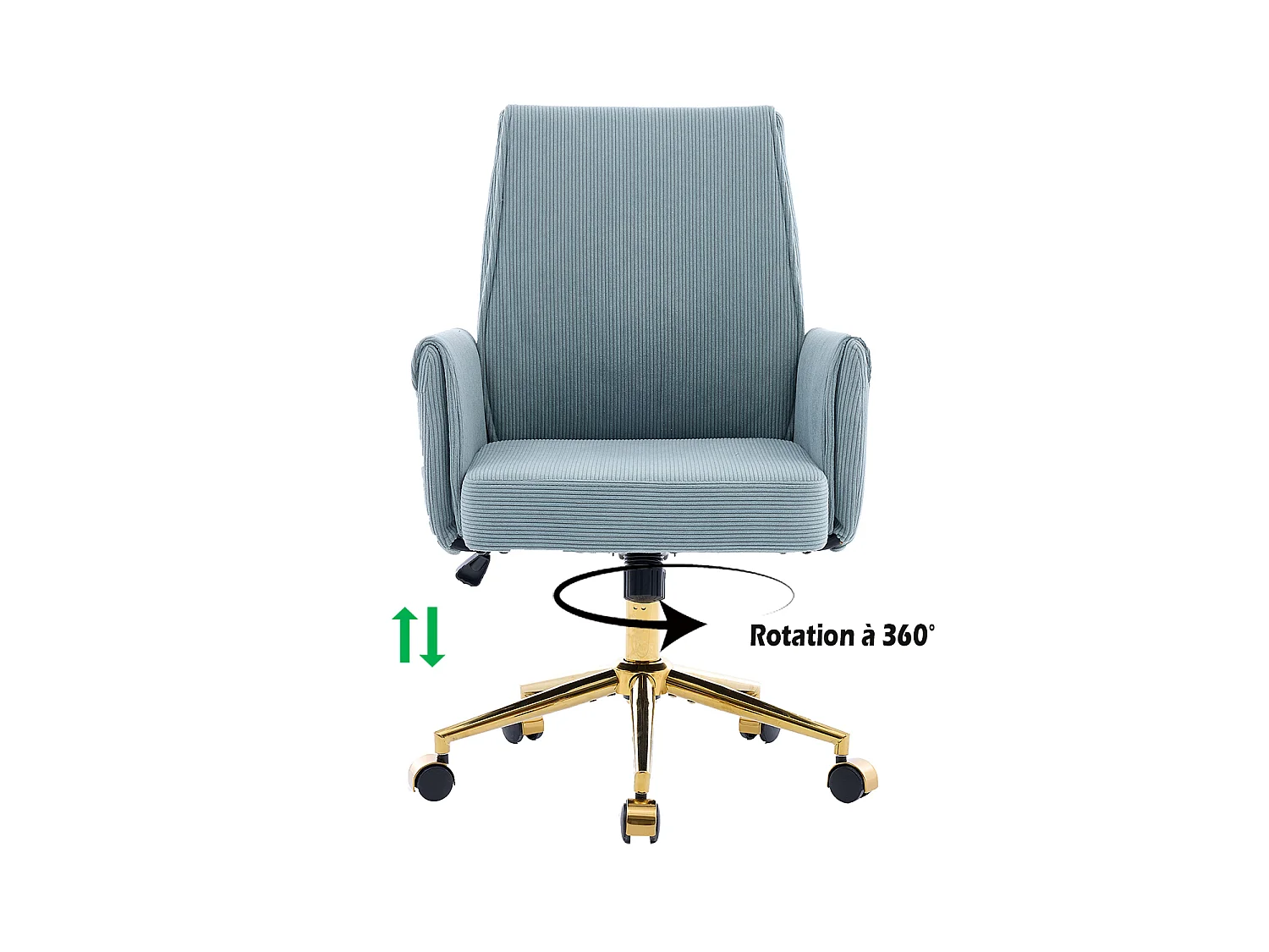MEUBLES COSY ELVAN Chaise de bureau pivotante réglable en hauteur en velours côtelé bleu avec pieds dorés