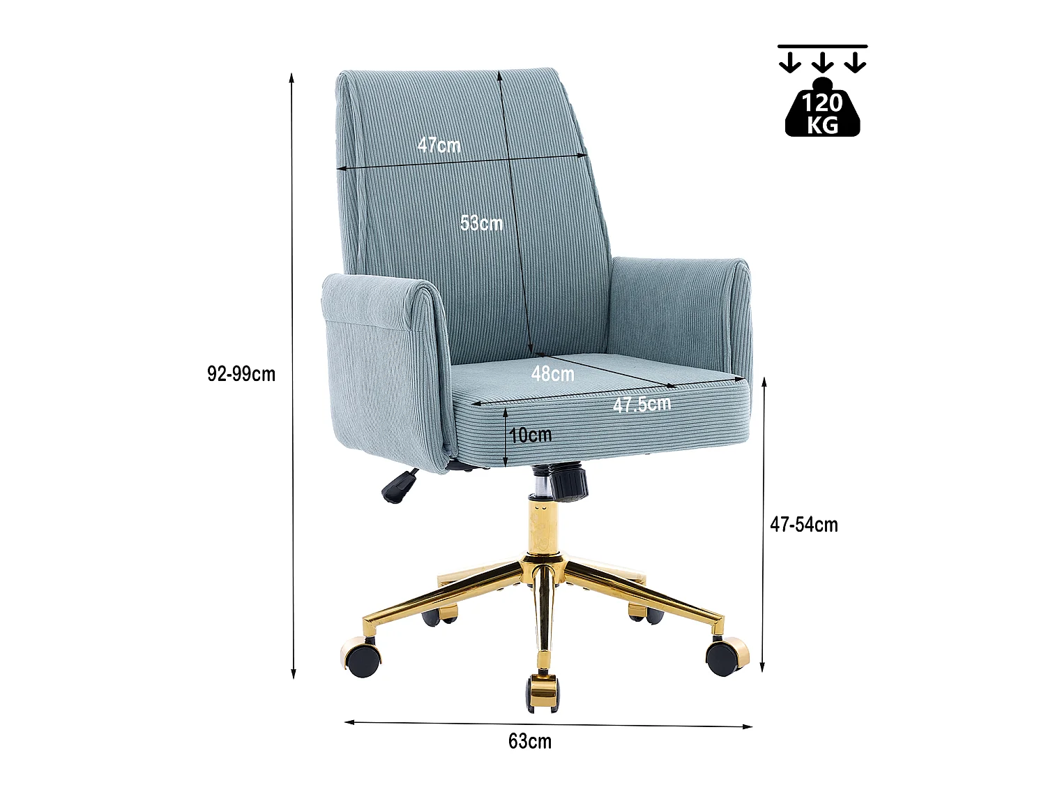MEUBLES COSY ELVAN Chaise de bureau pivotante réglable en hauteur en velours côtelé bleu avec pieds dorés