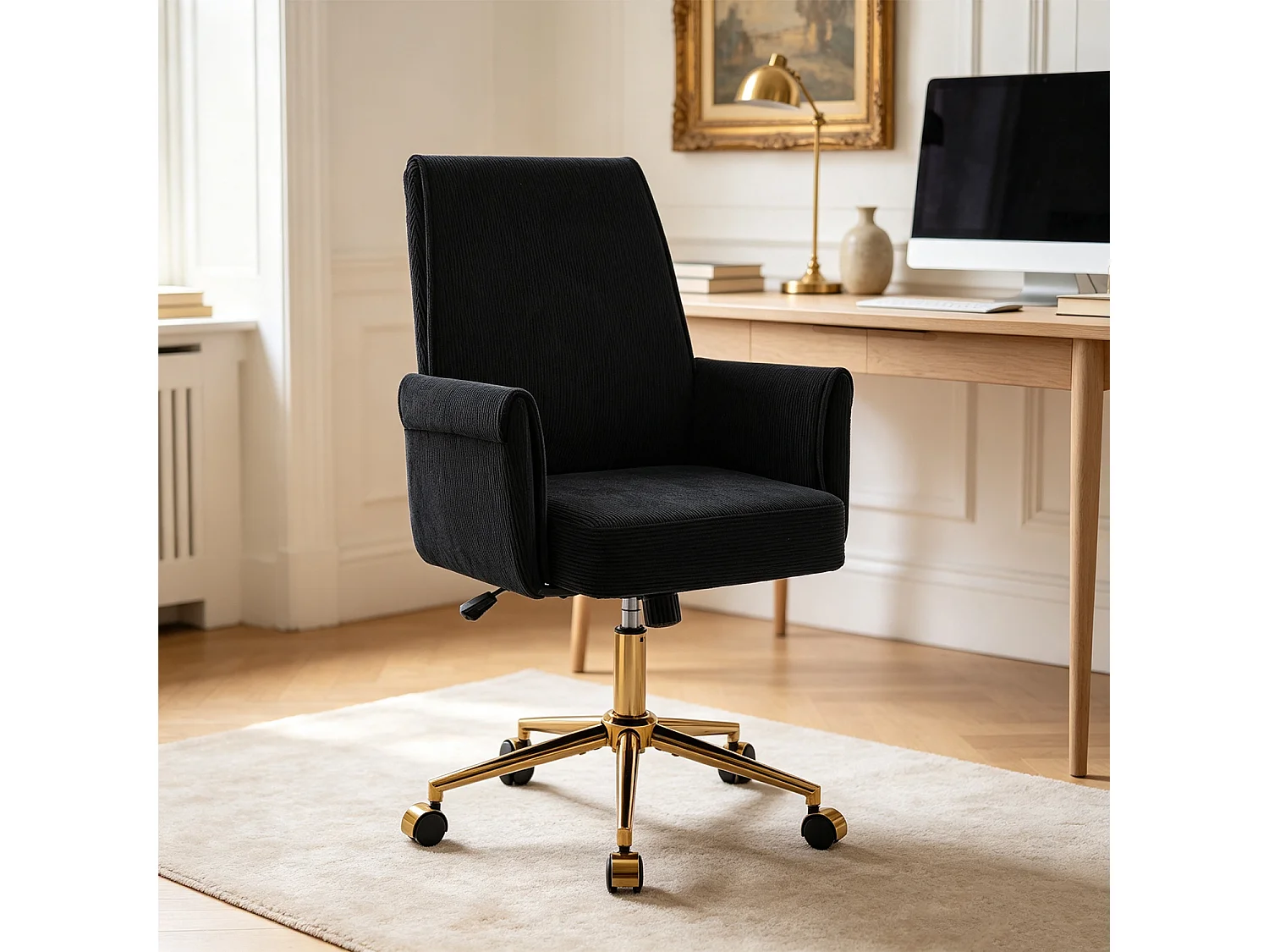 MEUBLES COSY ELVAN Chaise de bureau pivotante réglable en hauteur en velours côtelé noir avec pieds dorés
