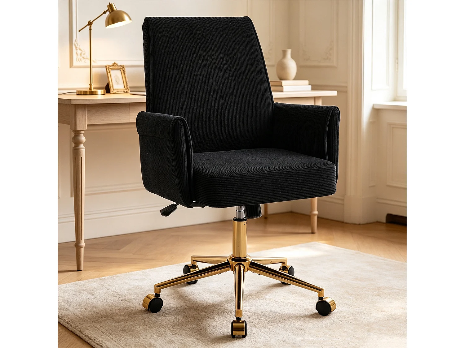 MEUBLES COSY ELVAN Chaise de bureau pivotante réglable en hauteur en velours côtelé noir avec pieds dorés