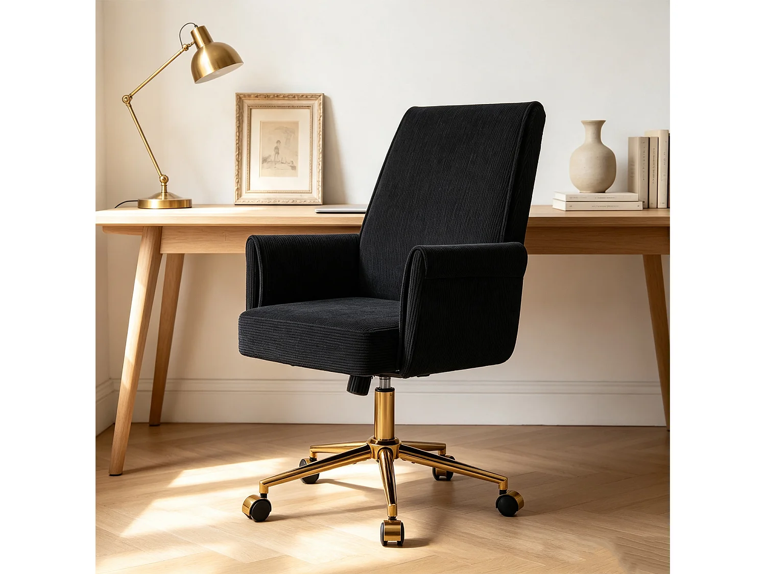 MEUBLES COSY ELVAN Chaise de bureau pivotante réglable en hauteur en velours côtelé noir avec pieds dorés
