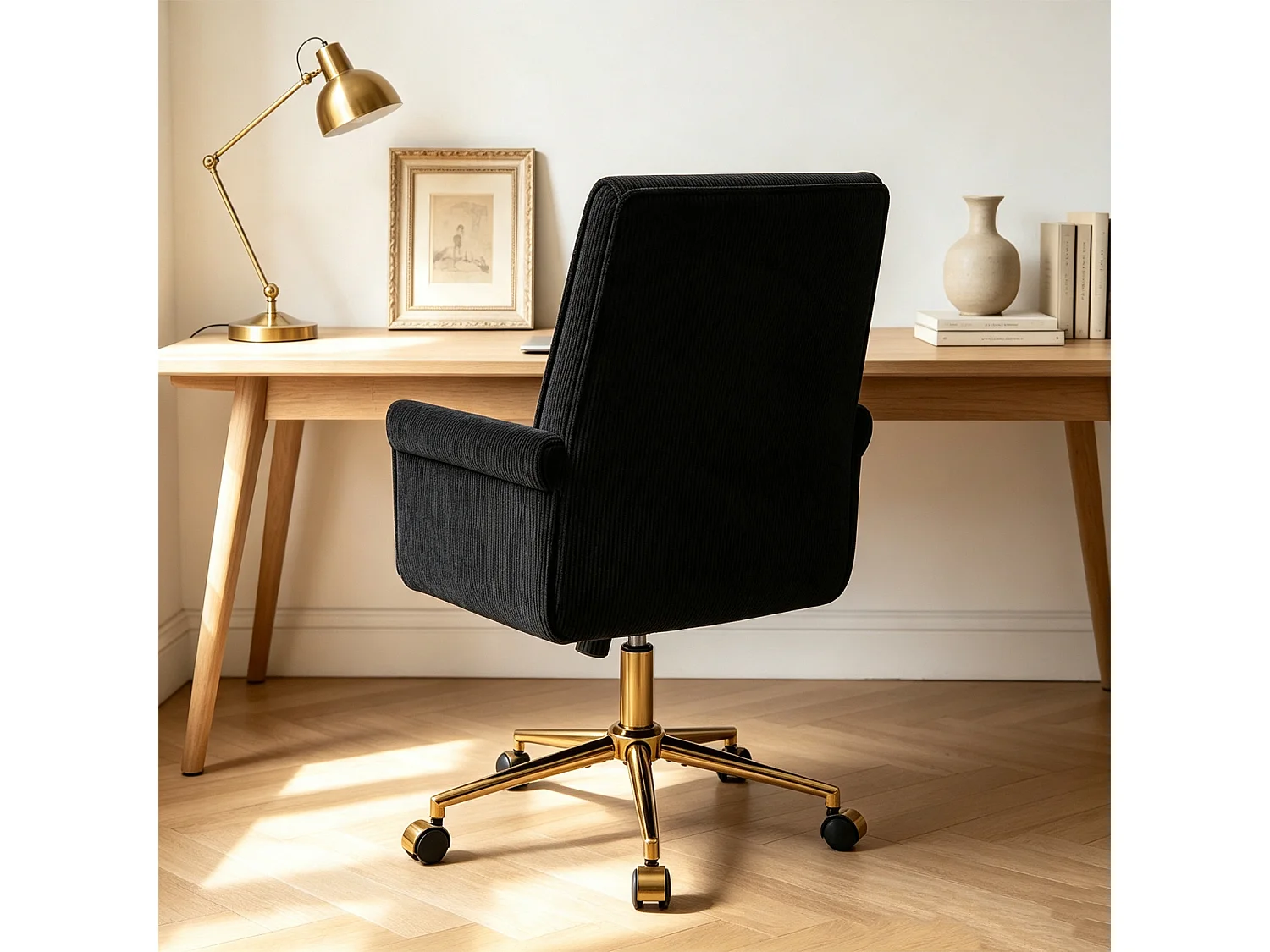 MEUBLES COSY ELVAN Chaise de bureau pivotante réglable en hauteur en velours côtelé noir avec pieds dorés