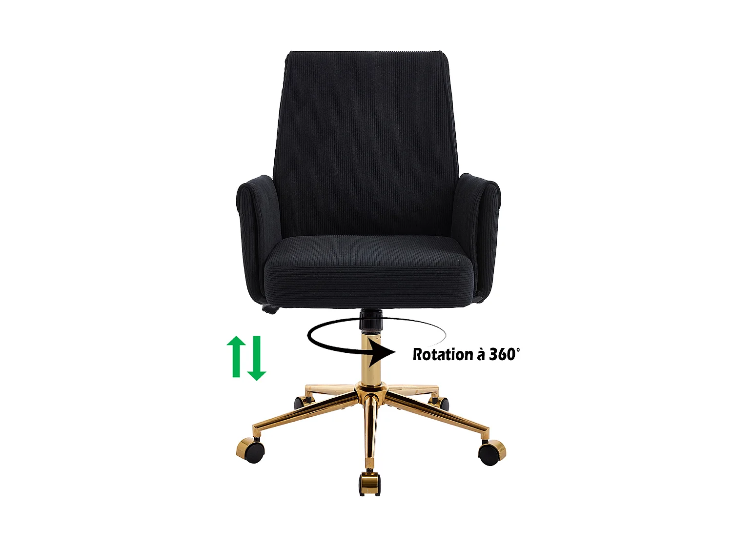MEUBLES COSY ELVAN Chaise de bureau pivotante réglable en hauteur en velours côtelé noir avec pieds dorés