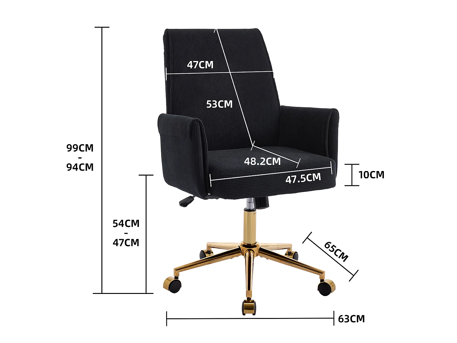 MEUBLES COSY ELVAN Chaise de bureau pivotante réglable en hauteur en velours côtelé noir avec pieds dorés