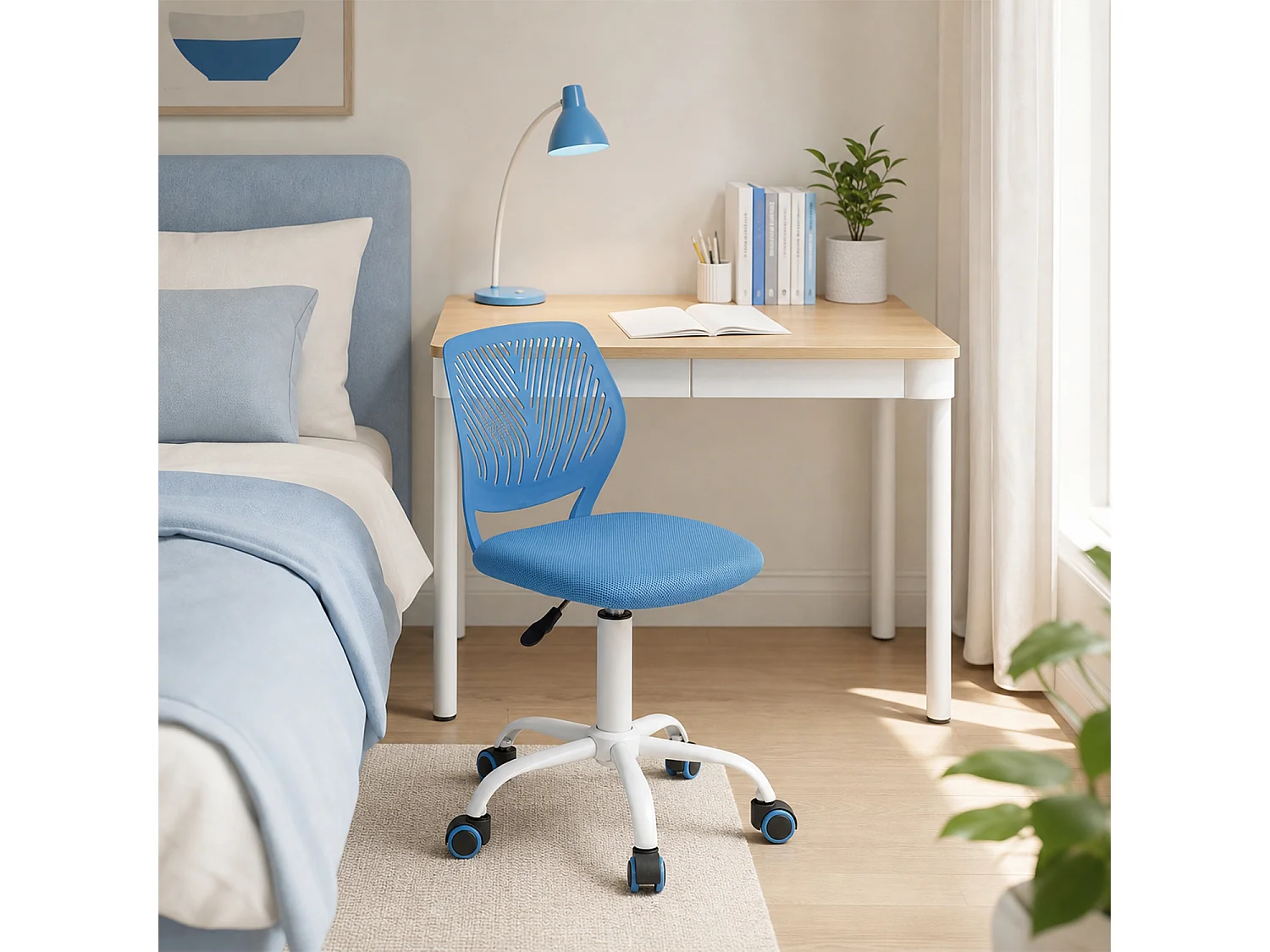 MEUBLES COSY CARNATION Silla giratoria regulable en altura con asiento de malla azul y patas de metal