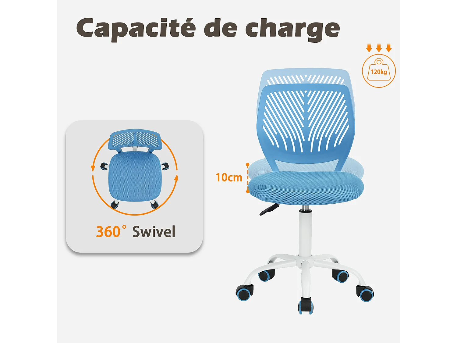 MEUBLES COSY CARNATION Silla giratoria regulable en altura con asiento de malla azul y patas de metal