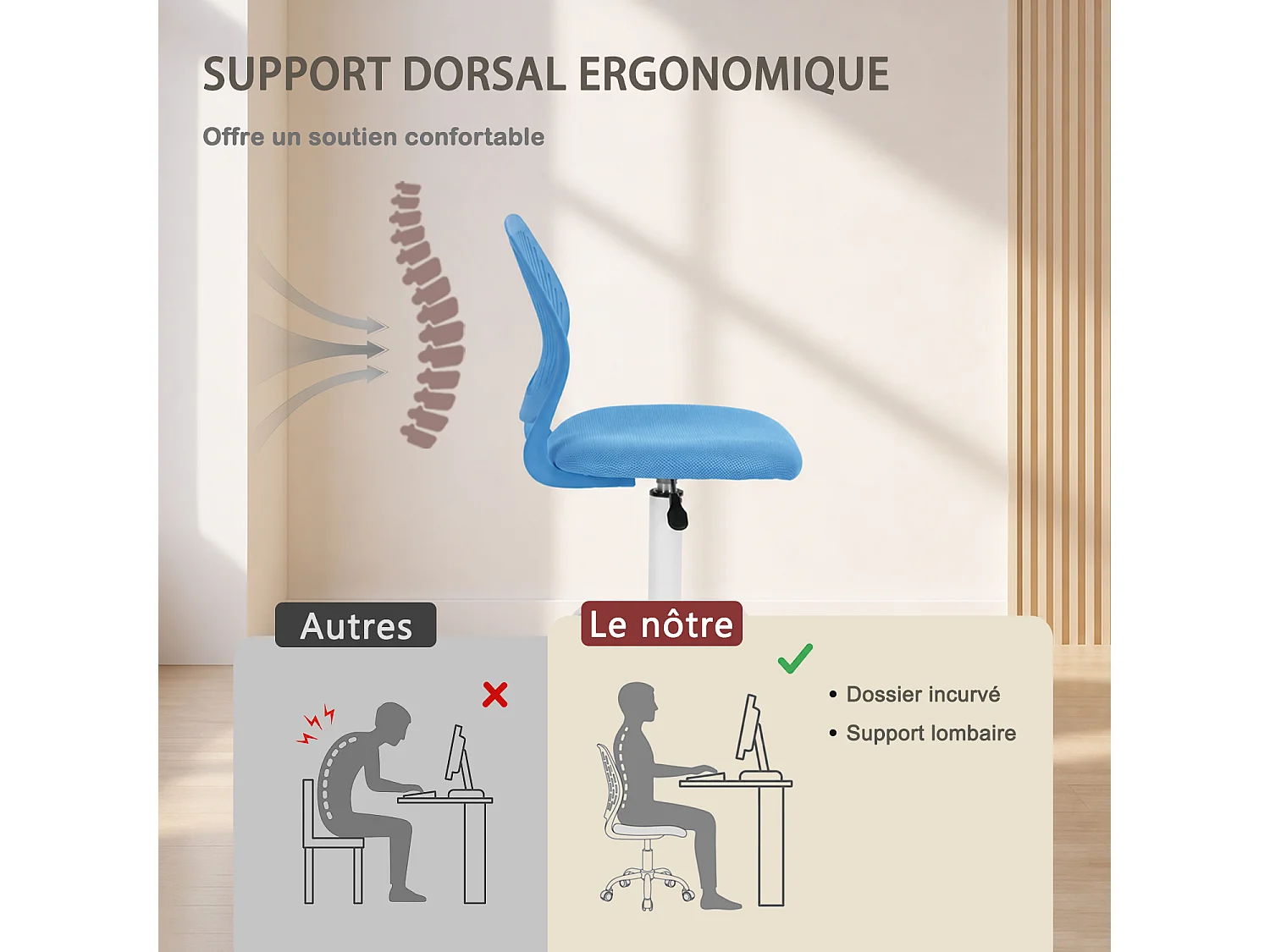 MEUBLES COSY CARNATION Silla giratoria regulable en altura con asiento de malla azul y patas de metal