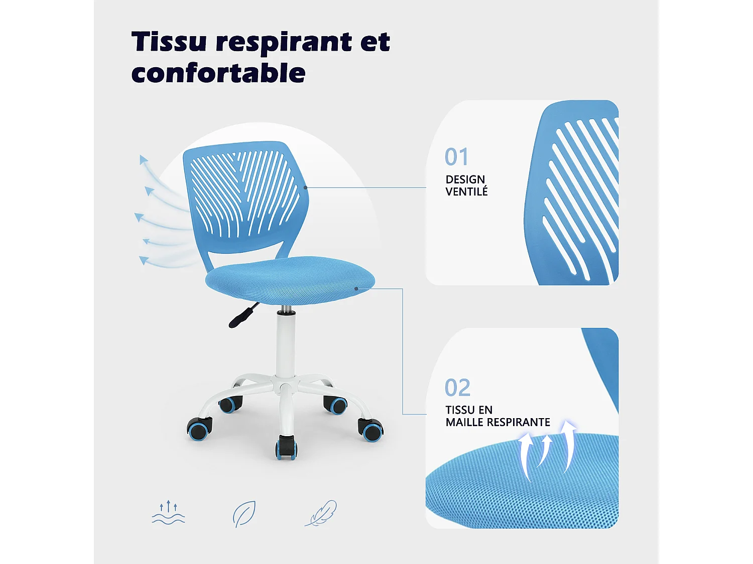 MEUBLES COSY CARNATION Silla giratoria regulable en altura con asiento de malla azul y patas de metal