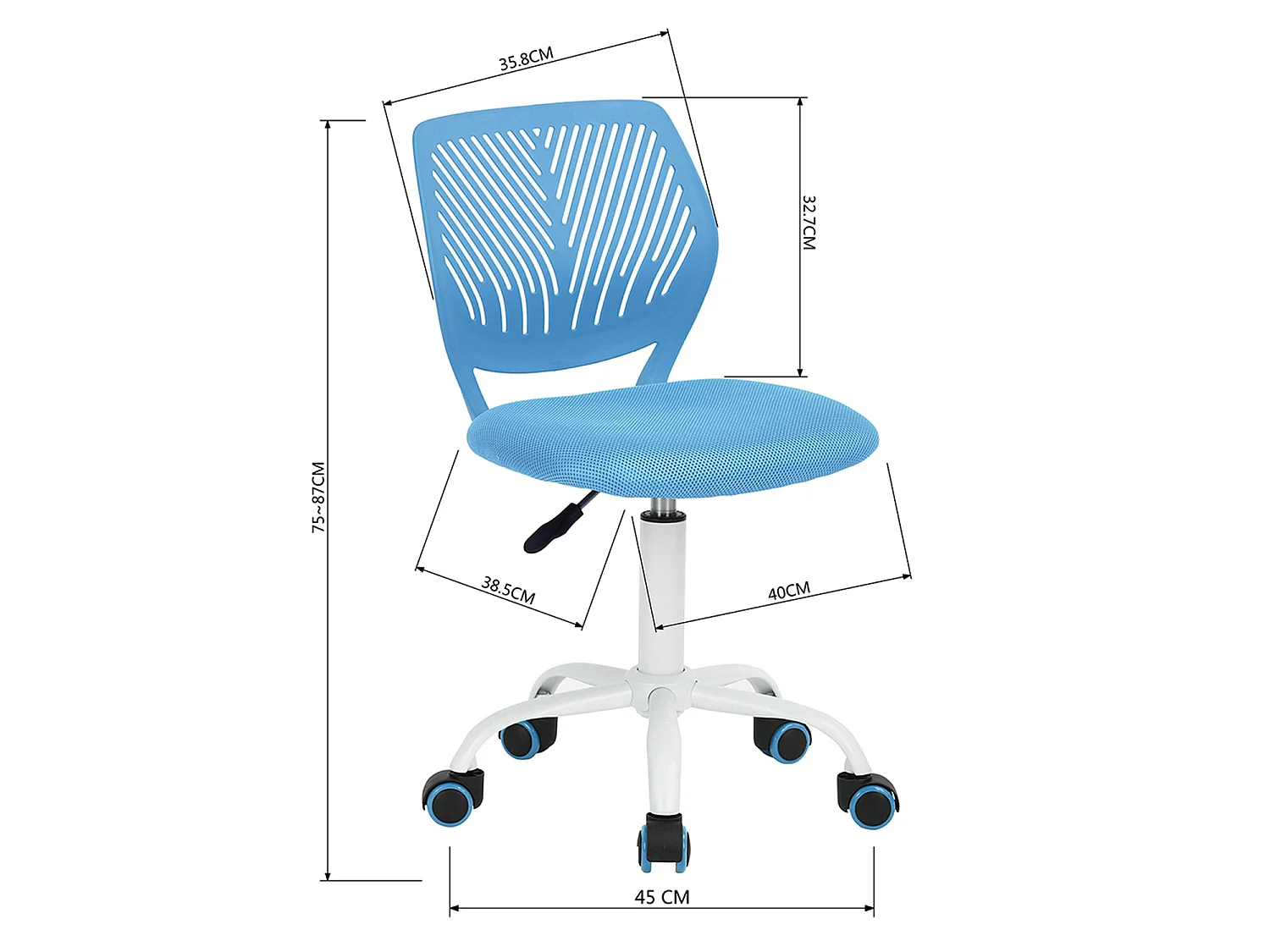 MEUBLES COSY CARNATION Silla giratoria regulable en altura con asiento de malla azul y patas de metal