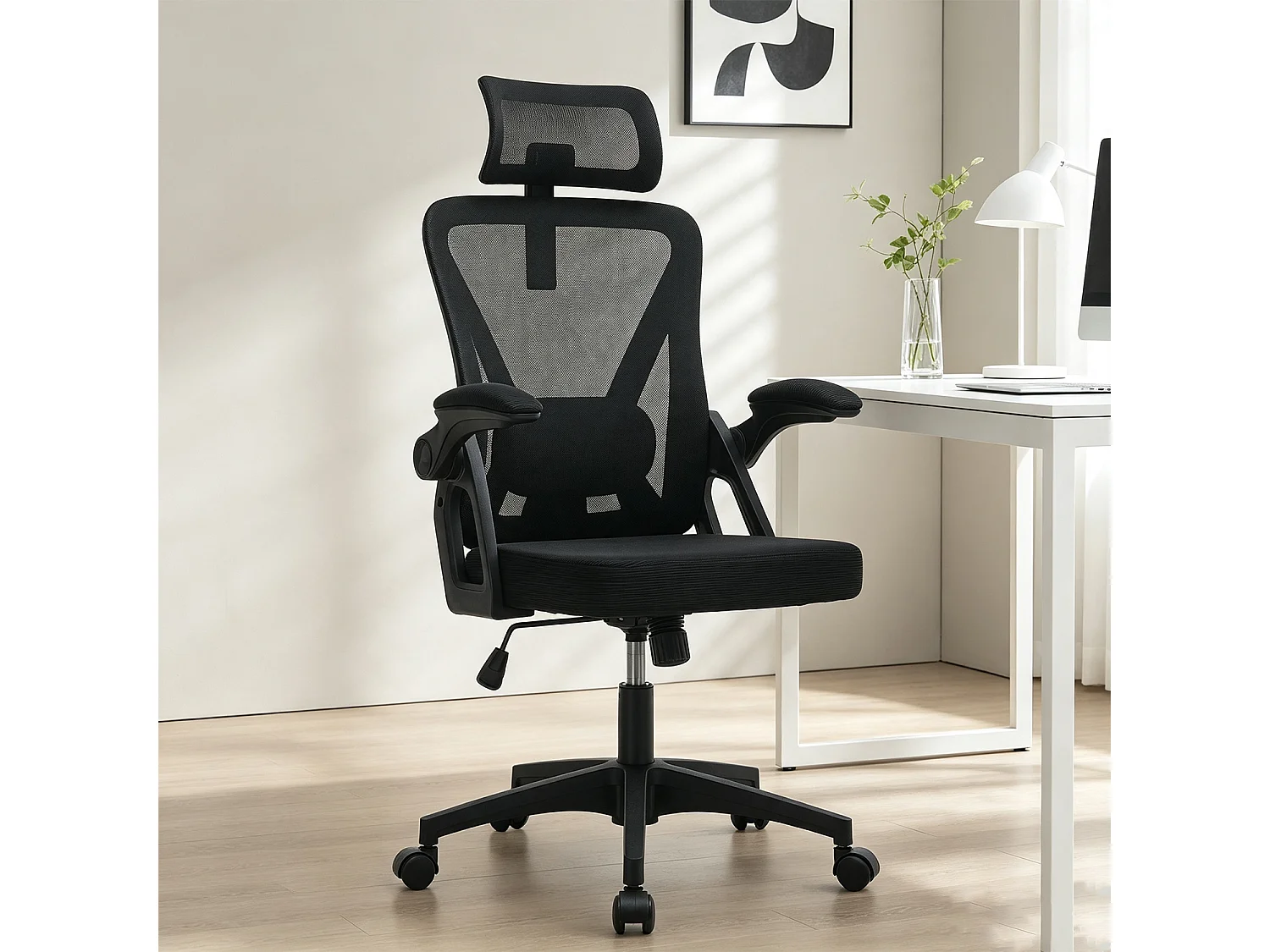 MEUBLES COSY DARVEN Chaise de bureau ergonomique pivotante réglable en hauteur en maille noire avec cadre en plastique