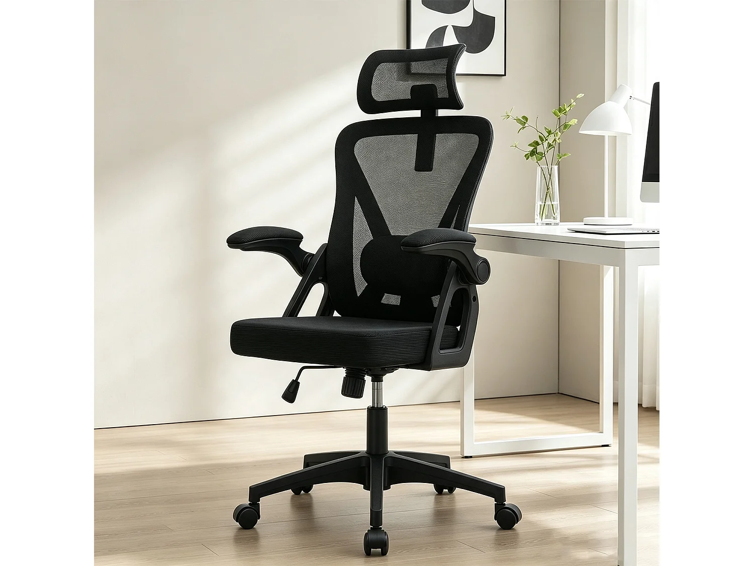 MEUBLES COSY DARVEN Chaise de bureau ergonomique pivotante réglable en hauteur en maille noire avec cadre en plastique