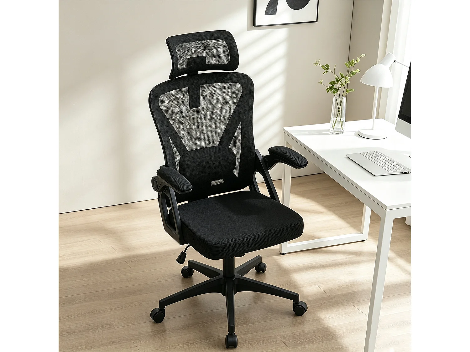 MEUBLES COSY DARVEN Chaise de bureau ergonomique pivotante réglable en hauteur en maille noire avec cadre en plastique