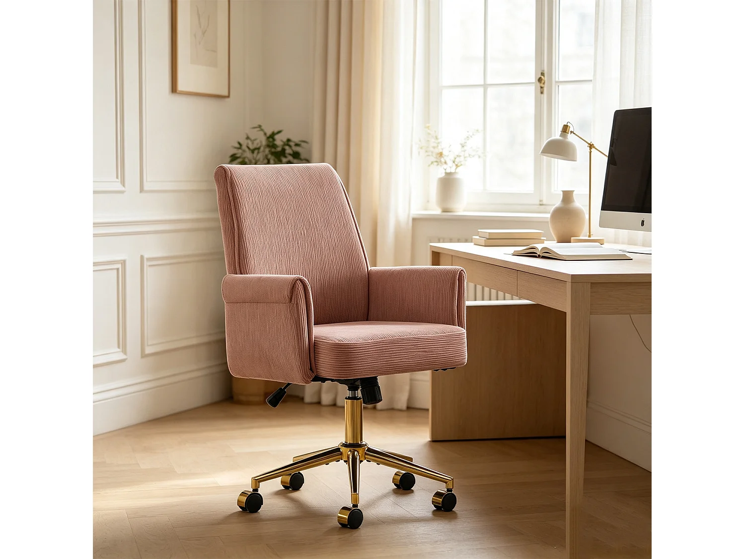 MEUBLES COSY ELVAN Chaise de bureau pivotante réglable en hauteur en velours côtelé rose avec pieds dorés