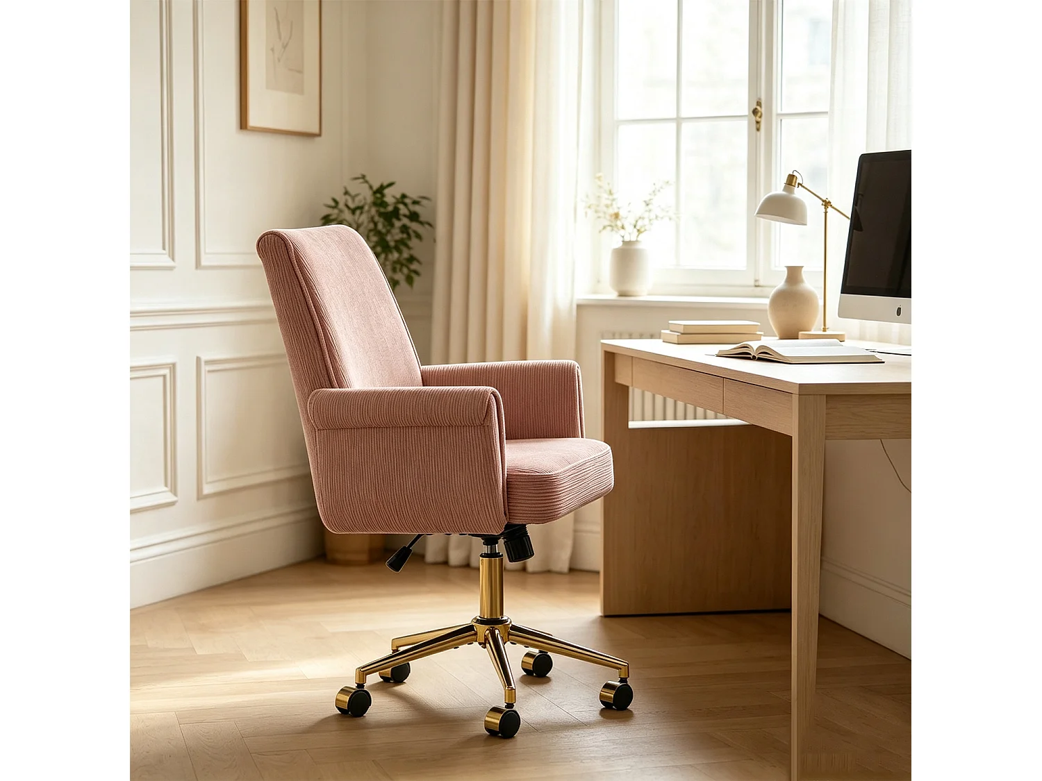 MEUBLES COSY ELVAN Chaise de bureau pivotante réglable en hauteur en velours côtelé rose avec pieds dorés