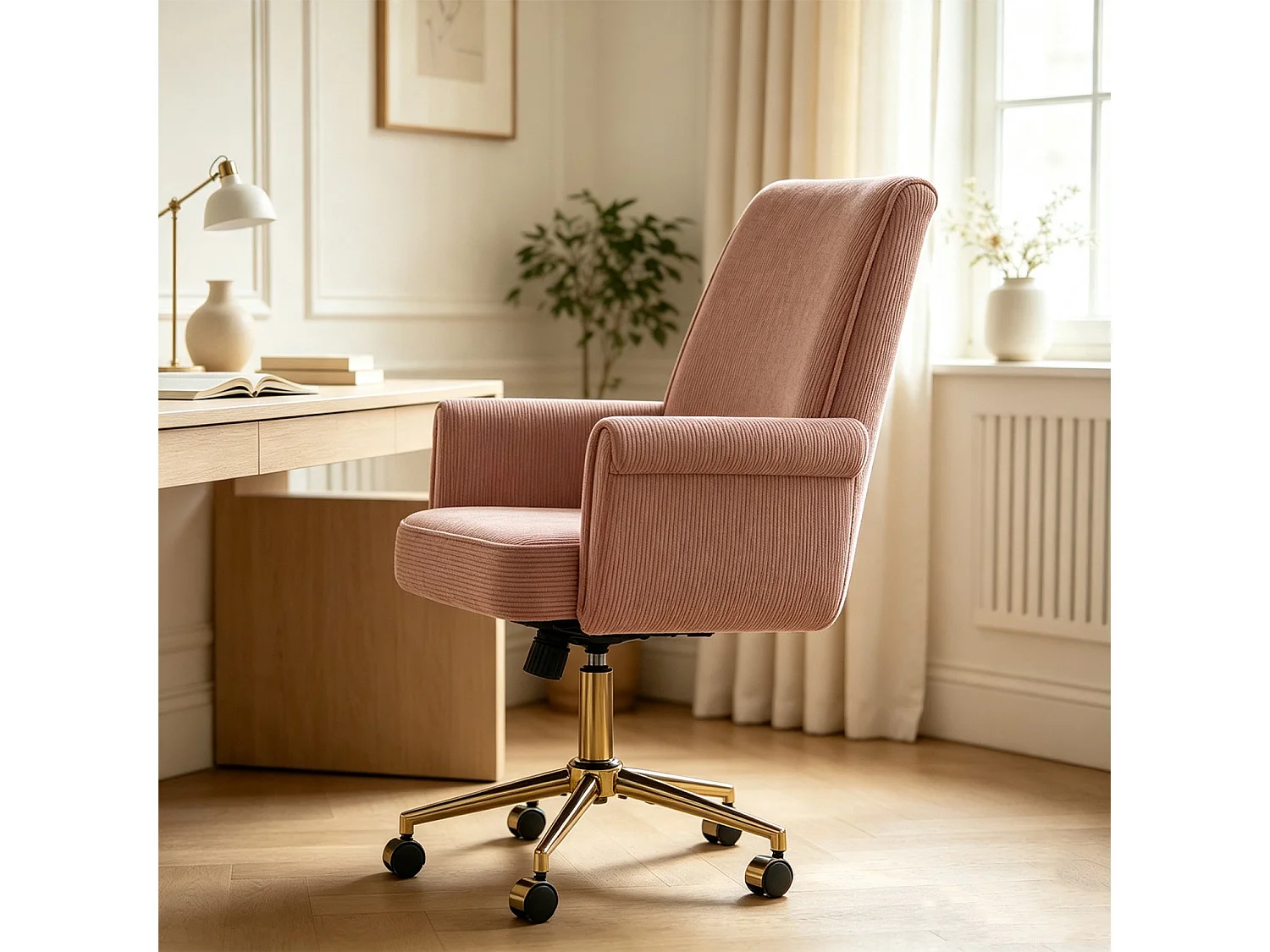 MEUBLES COSY ELVAN Chaise de bureau pivotante réglable en hauteur en velours côtelé rose avec pieds dorés