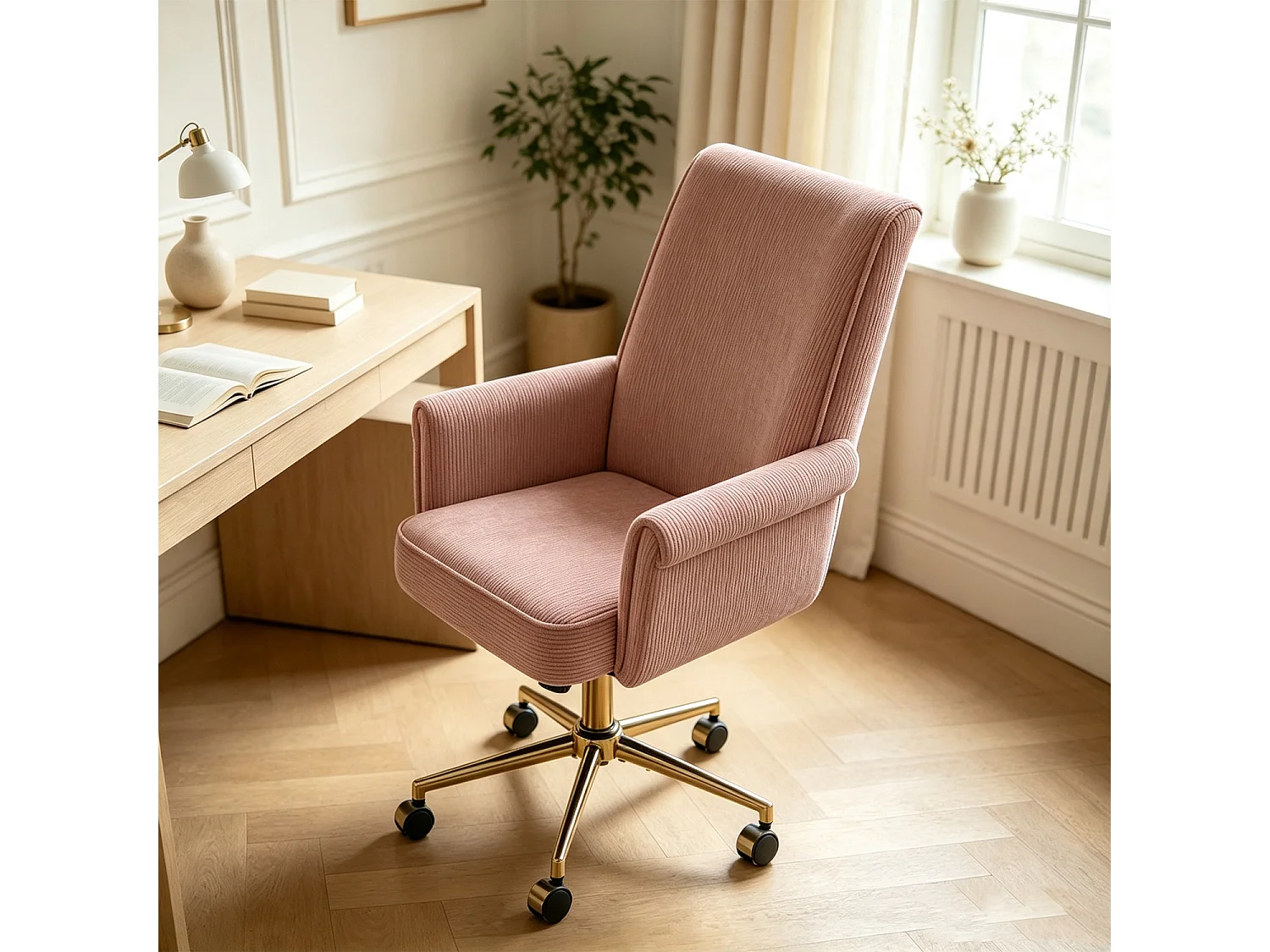 MEUBLES COSY ELVAN Chaise de bureau pivotante réglable en hauteur en velours côtelé rose avec pieds dorés