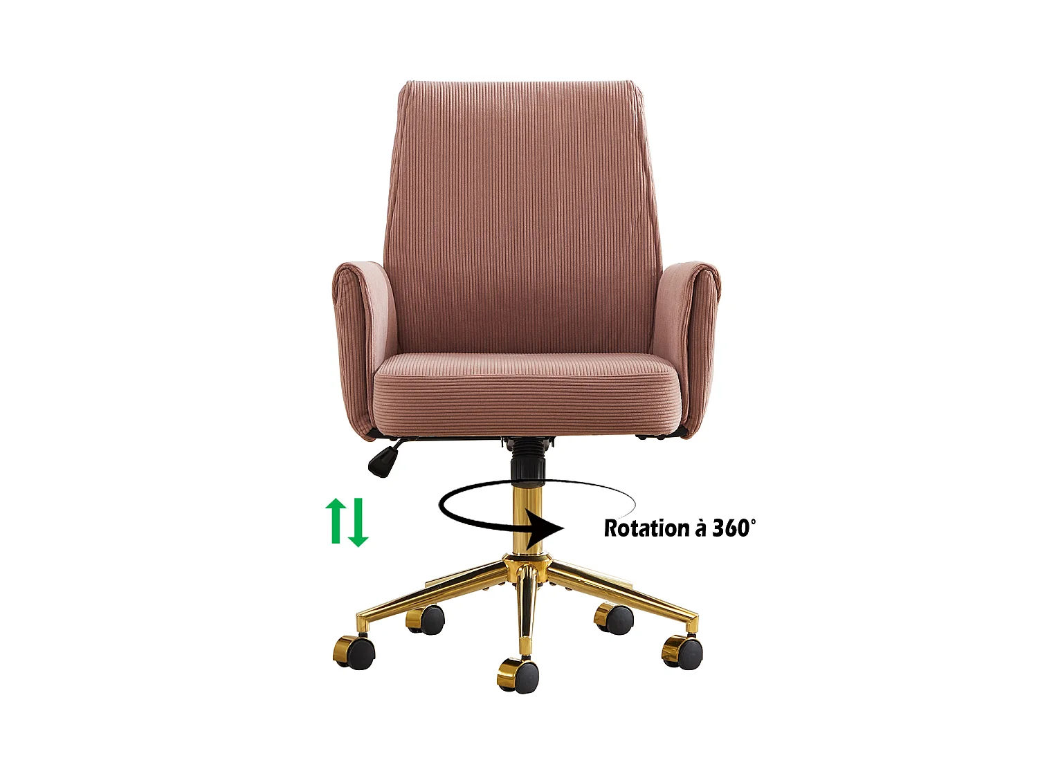 MEUBLES COSY ELVAN Chaise de bureau pivotante réglable en hauteur en velours côtelé rose avec pieds dorés