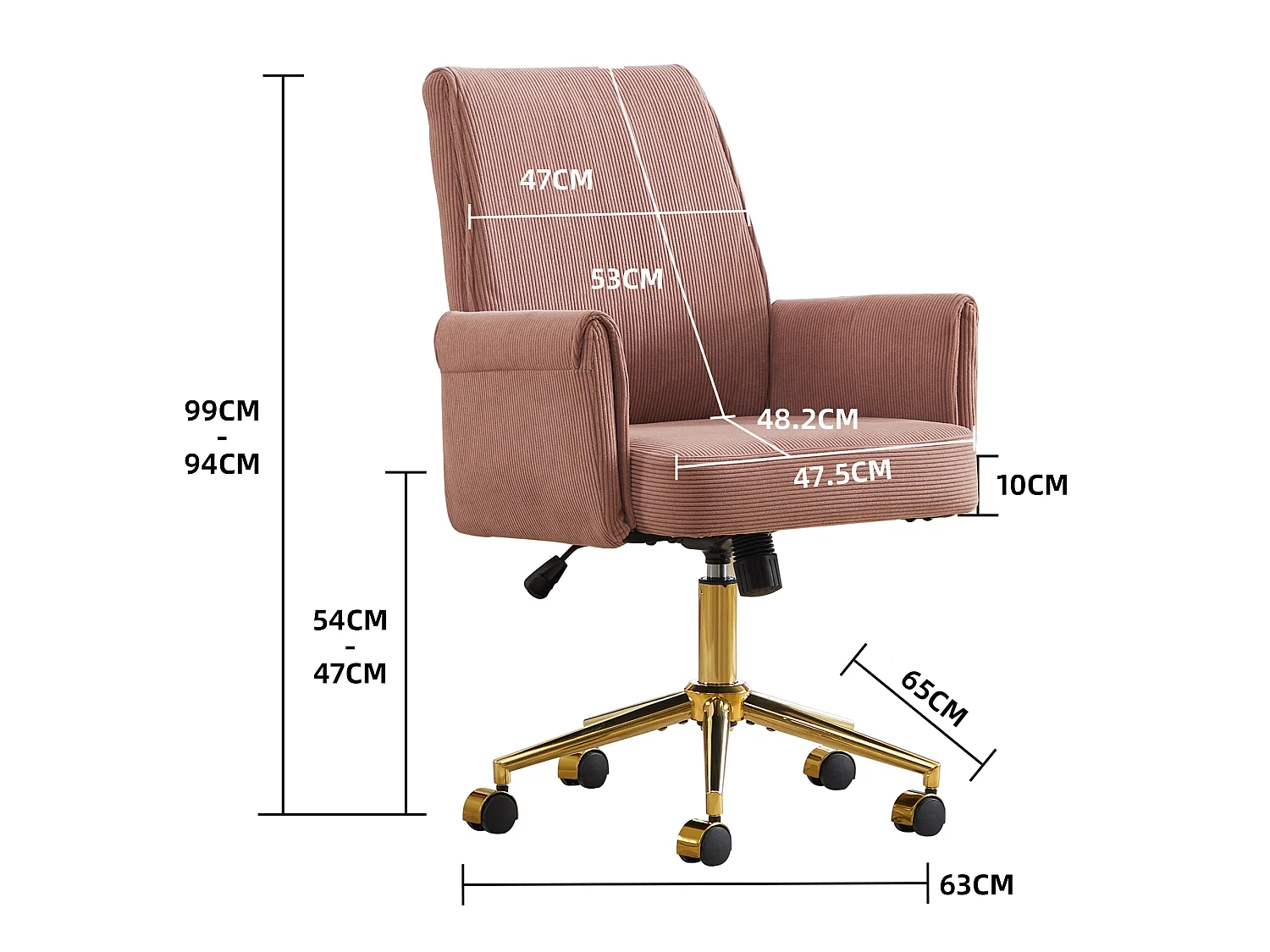 MEUBLES COSY ELVAN Chaise de bureau pivotante réglable en hauteur en velours côtelé rose avec pieds dorés