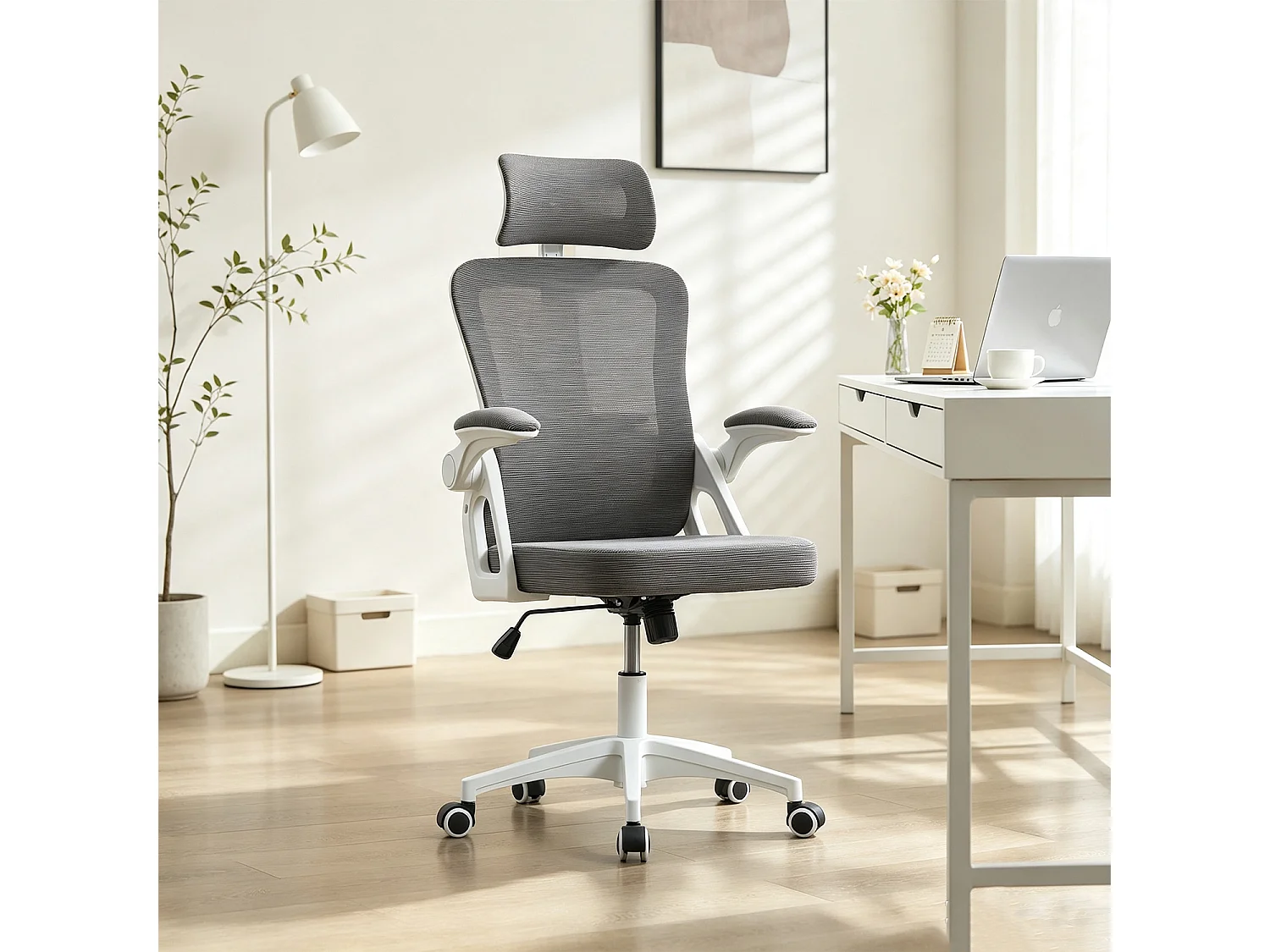MEUBLES COSY DARVEN Chaise de bureau ergonomique pivotante réglable en hauteur en maille gris foncé avec cadre en plastique
