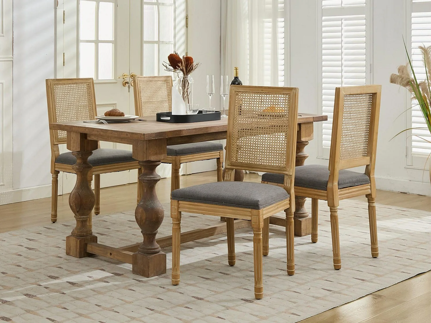 Lot de 2 Chaises de Salle à Manger en Bois Massif et Rotin, Style Médaillon Champêtre, Assise Tissu Lin (Beige/Gris/Vert/Brun)