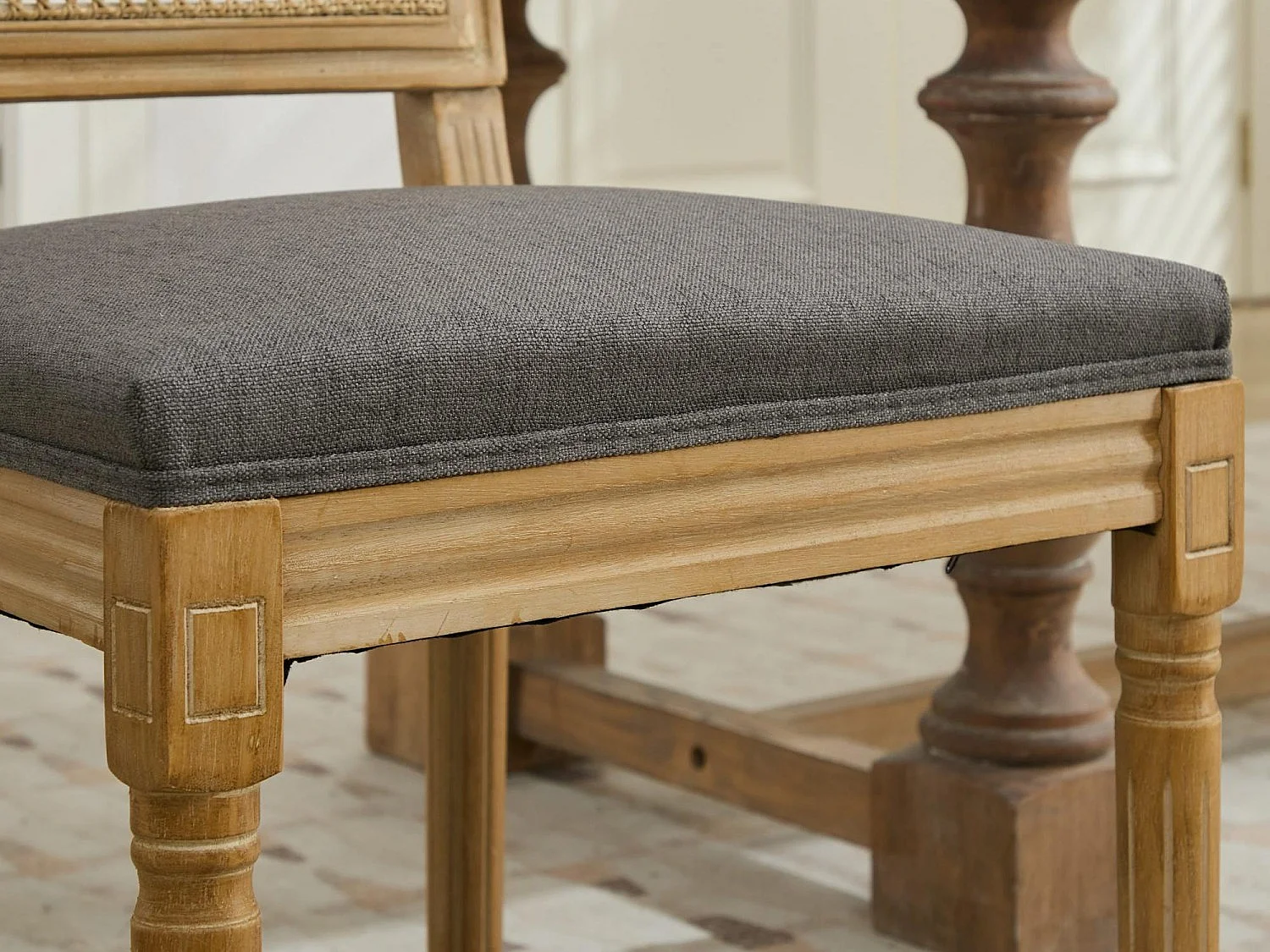Lot de 2 Chaises de Salle à Manger en Bois Massif et Rotin, Style Médaillon Champêtre, Assise Tissu Lin (Beige/Gris/Vert/Brun)