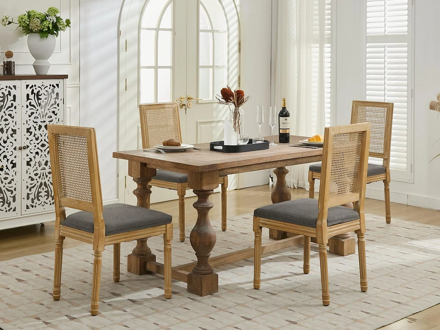 Lot de 2 Chaises de Salle à Manger en Bois Massif et Rotin, Style Médaillon Champêtre, Assise Tissu Lin (Beige/Gris/Vert/Brun)