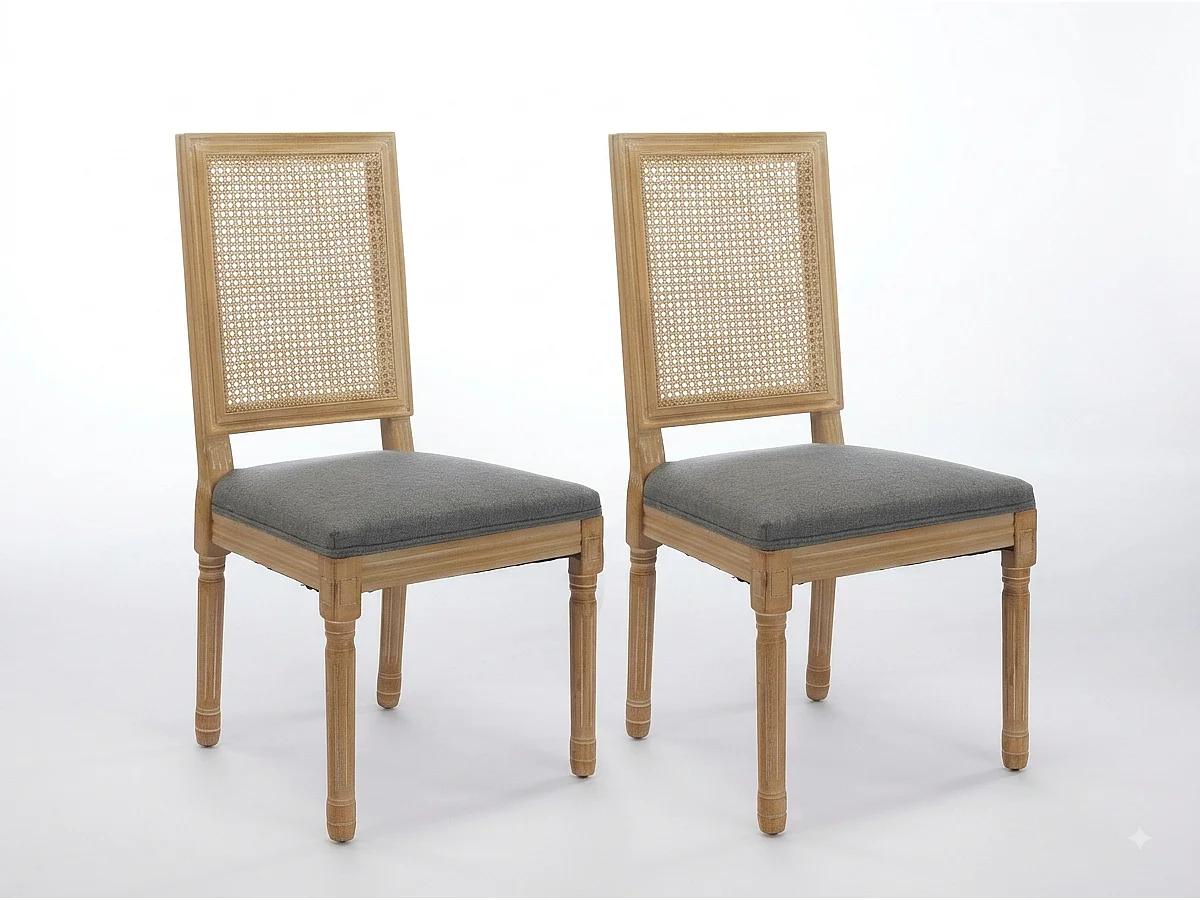 Lot de 2 Chaises de Salle à Manger en Bois Massif et Rotin, Style Médaillon Champêtre, Assise Tissu Lin (Beige/Gris/Vert/Brun)