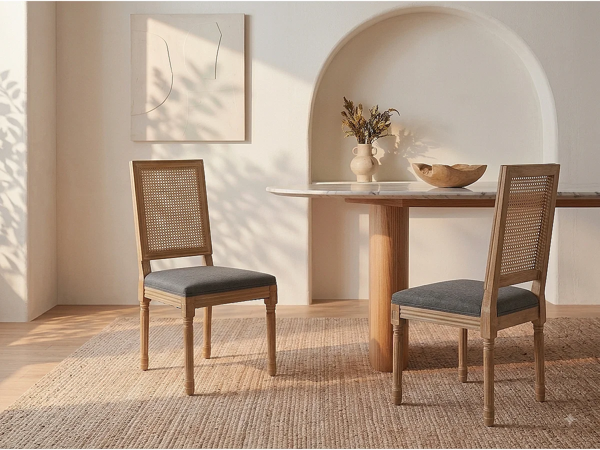 Lot de 2 Chaises de Salle à Manger en Bois Massif et Rotin, Style Médaillon Champêtre, Assise Tissu Lin (Beige/Gris/Vert/Brun)