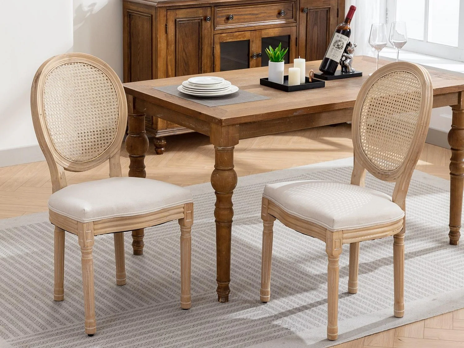 Lot de 2 Chaises de Salle à Manger en Bois Massif et Rotin, Style Médaillon Champêtre, Assise Tissu Lin Beige