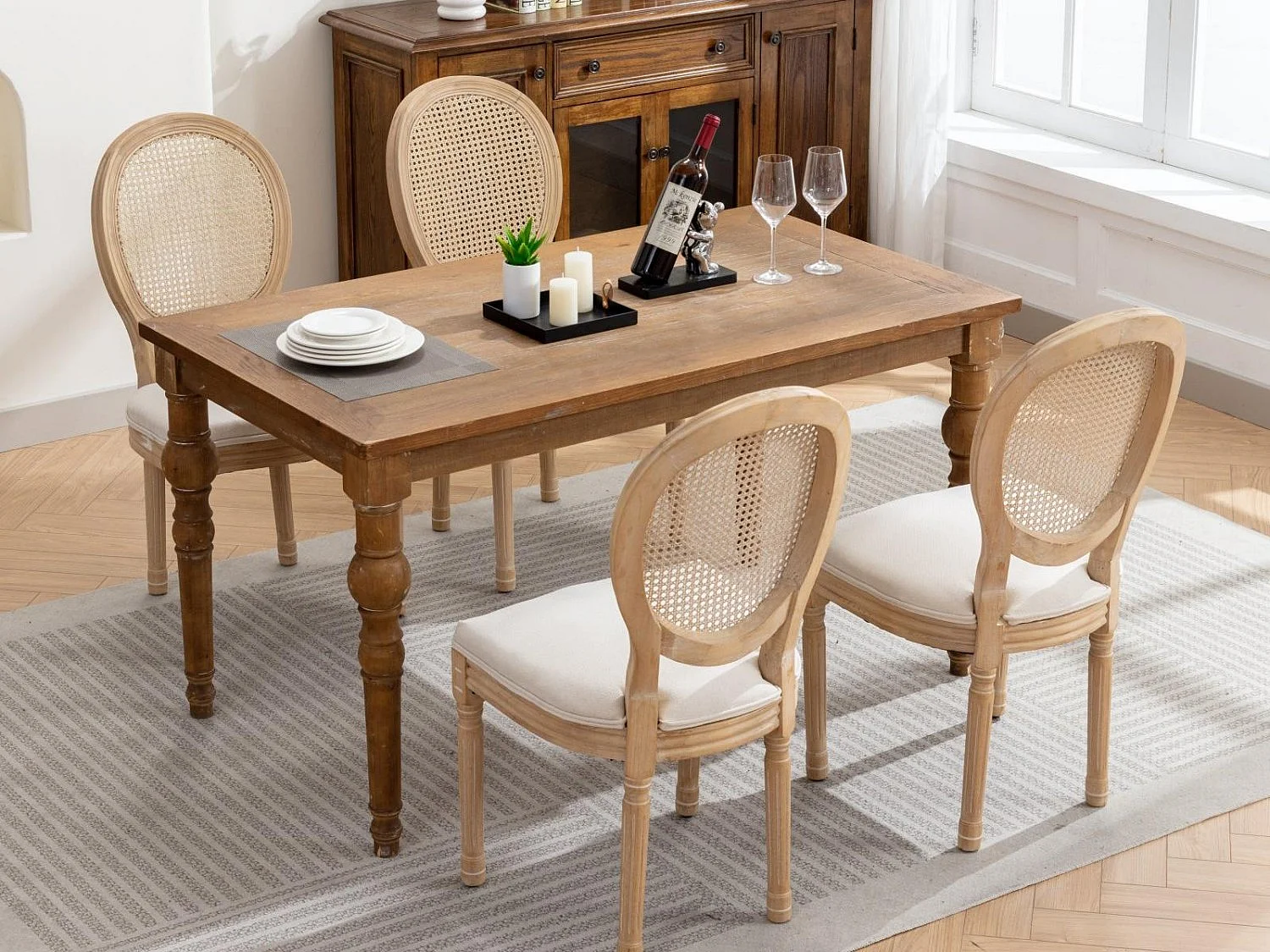 Lot de 2 Chaises de Salle à Manger en Bois Massif et Rotin, Style Médaillon Champêtre, Assise Tissu Lin Beige