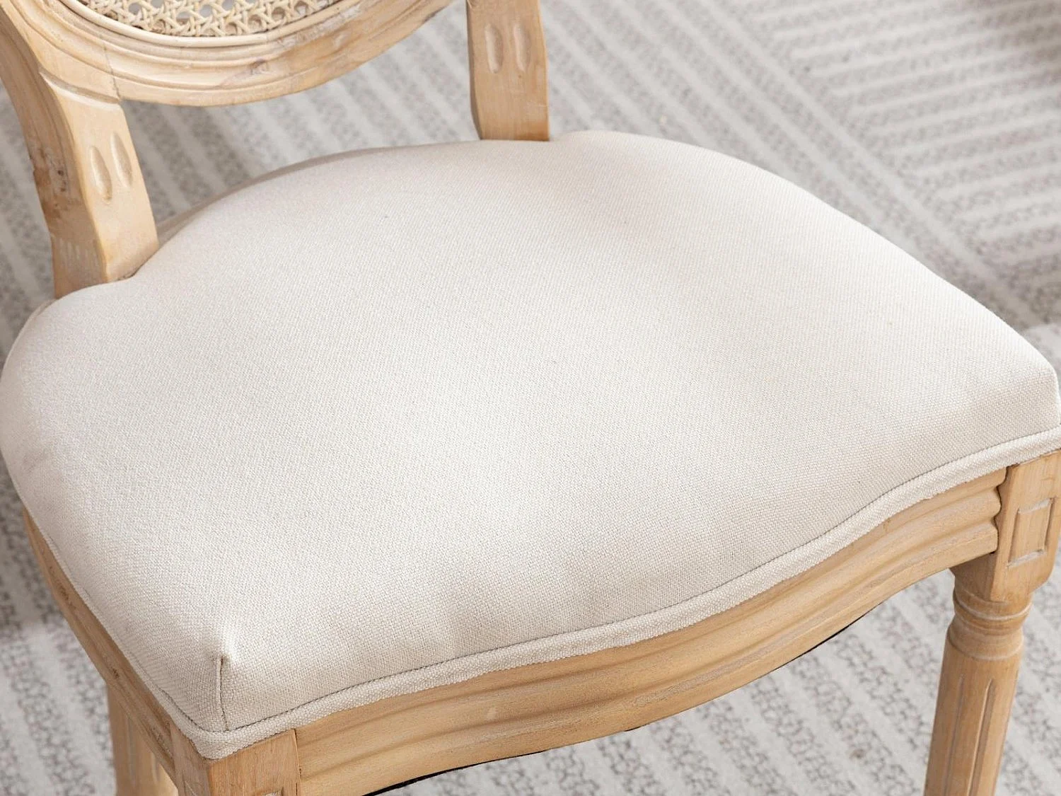 Lot de 2 Chaises de Salle à Manger en Bois Massif et Rotin, Style Médaillon Champêtre, Assise Tissu Lin Beige