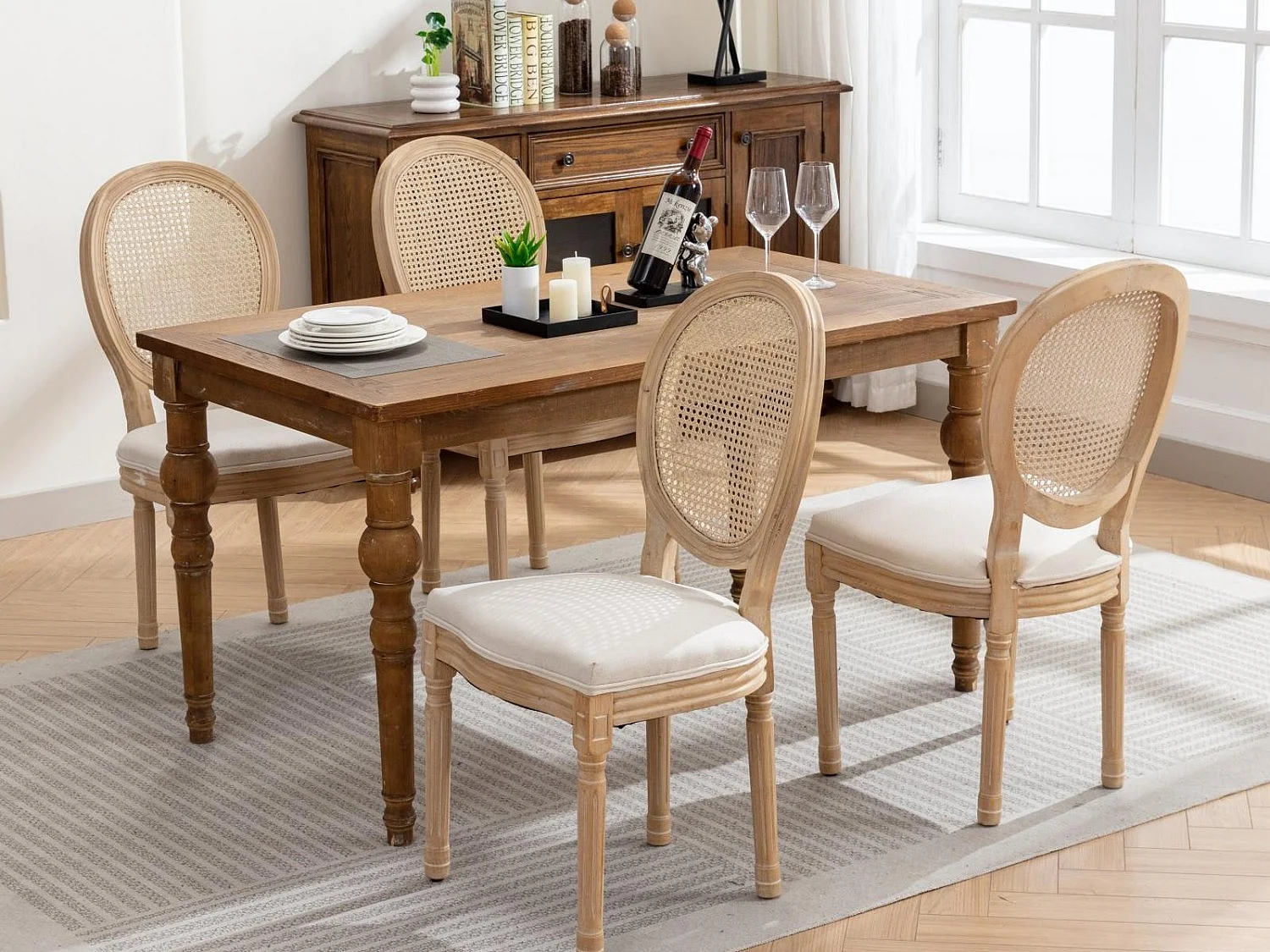 Lot de 2 Chaises de Salle à Manger en Bois Massif et Rotin, Style Médaillon Champêtre, Assise Tissu Lin Beige