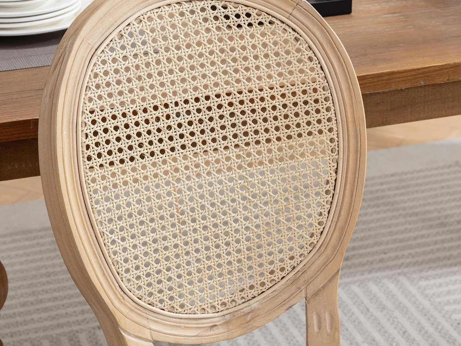 Lot de 2 Chaises de Salle à Manger en Bois Massif et Rotin, Style Médaillon Champêtre, Assise Tissu Lin Beige