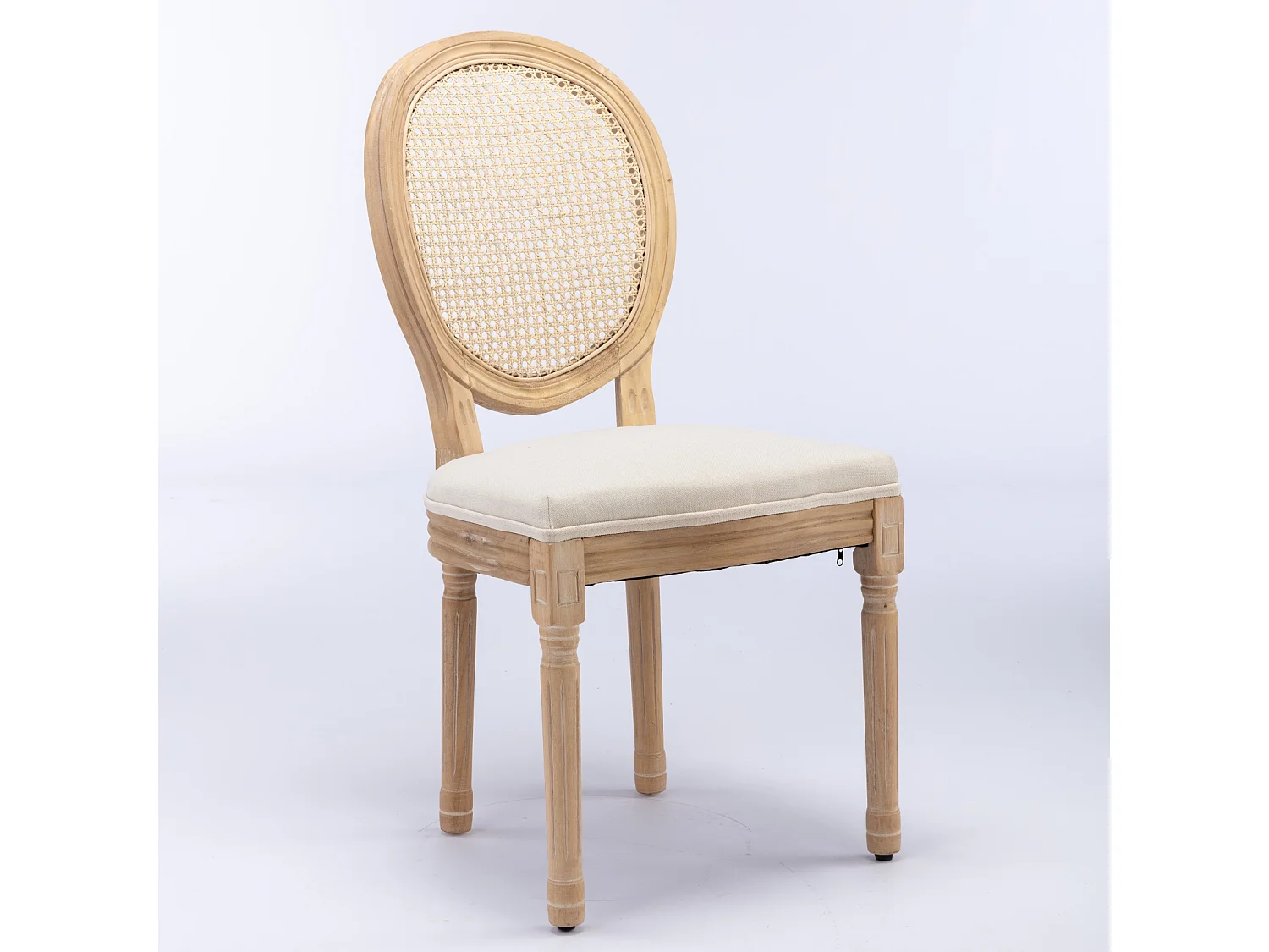 Lot de 2 Chaises de Salle à Manger en Bois Massif et Rotin, Style Médaillon Champêtre, Assise Tissu Lin Beige