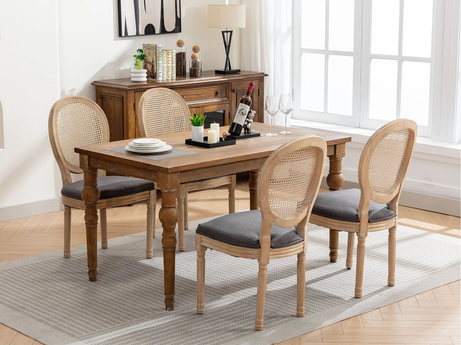 Lot de 2 Chaises de Salle à Manger en Bois Massif et Rotin, Style Médaillon Champêtre, Assise Tissu Lin Gris
