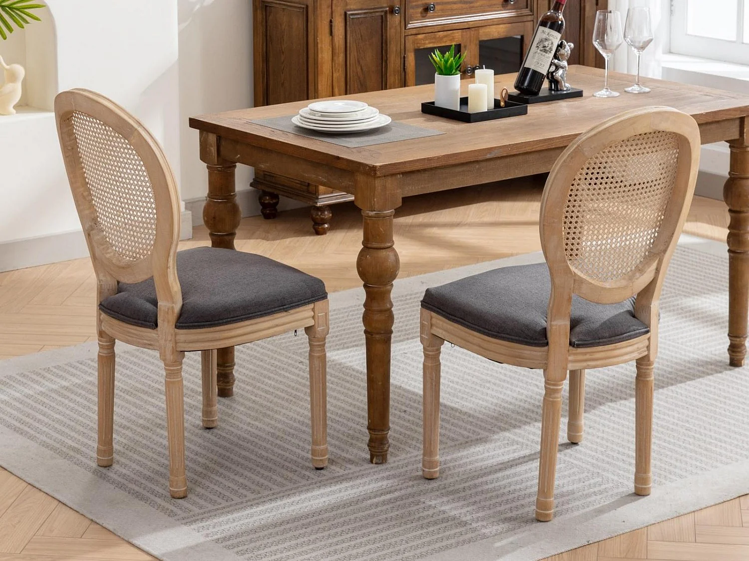 Lot de 2 Chaises de Salle à Manger en Bois Massif et Rotin, Style Médaillon Champêtre, Assise Tissu Lin Gris