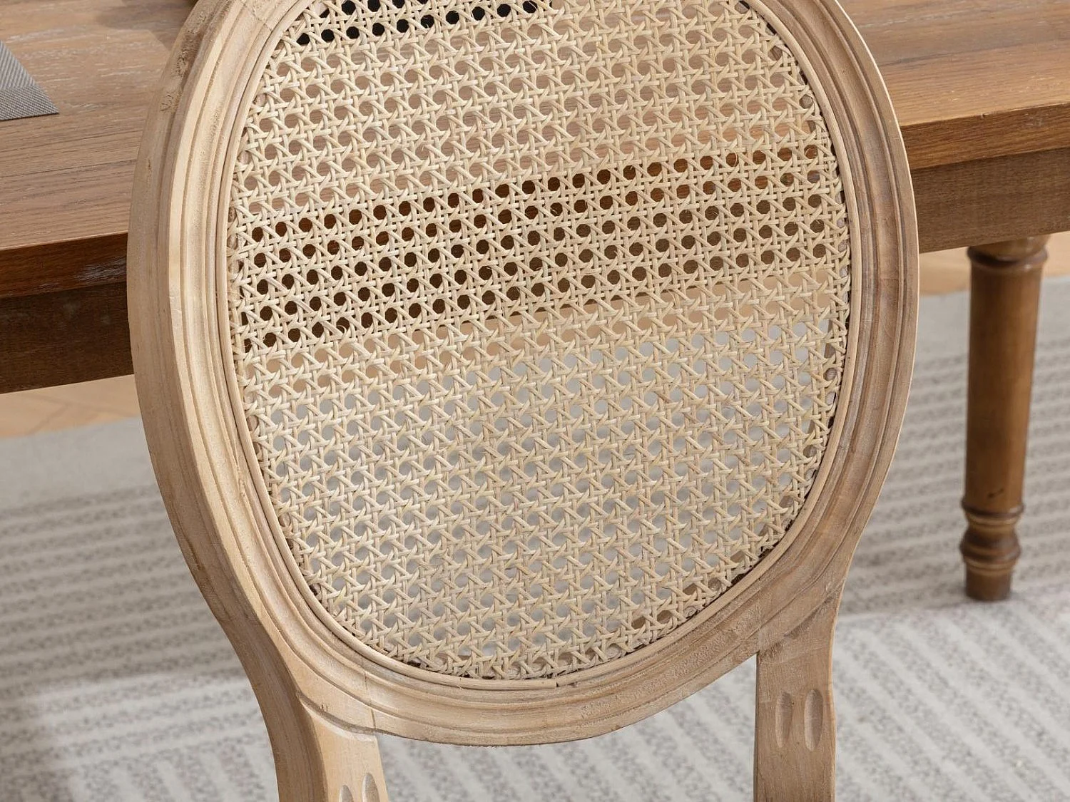 Lot de 2 Chaises de Salle à Manger en Bois Massif et Rotin, Style Médaillon Champêtre, Assise Tissu Lin Gris