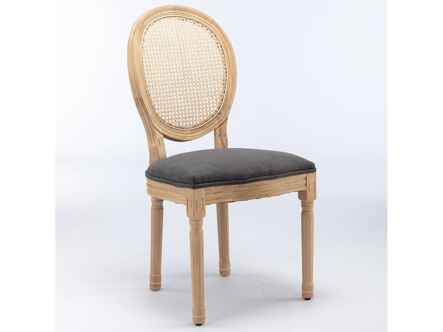 Lot de 2 Chaises de Salle à Manger en Bois Massif et Rotin, Style Médaillon Champêtre, Assise Tissu Lin Gris