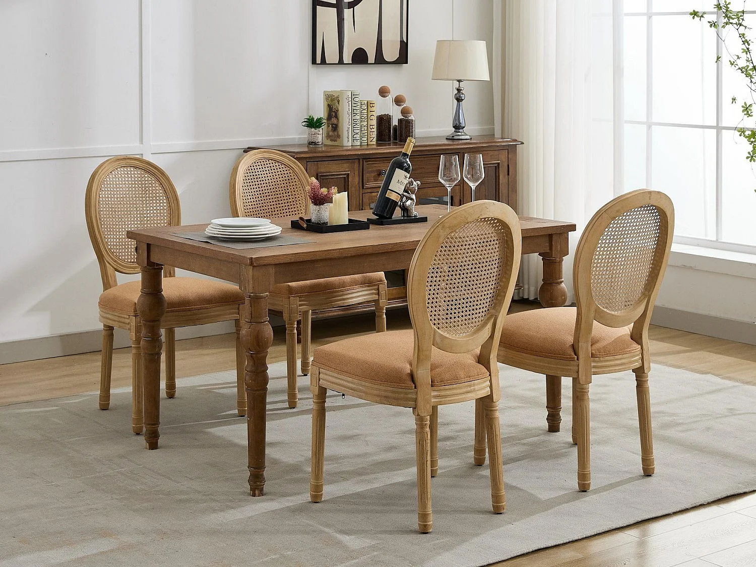 Lot de 2 Chaises de Salle à Manger en Bois Massif et Rotin, Style Médaillon Champêtre, Assise Tissu Lin Brun
