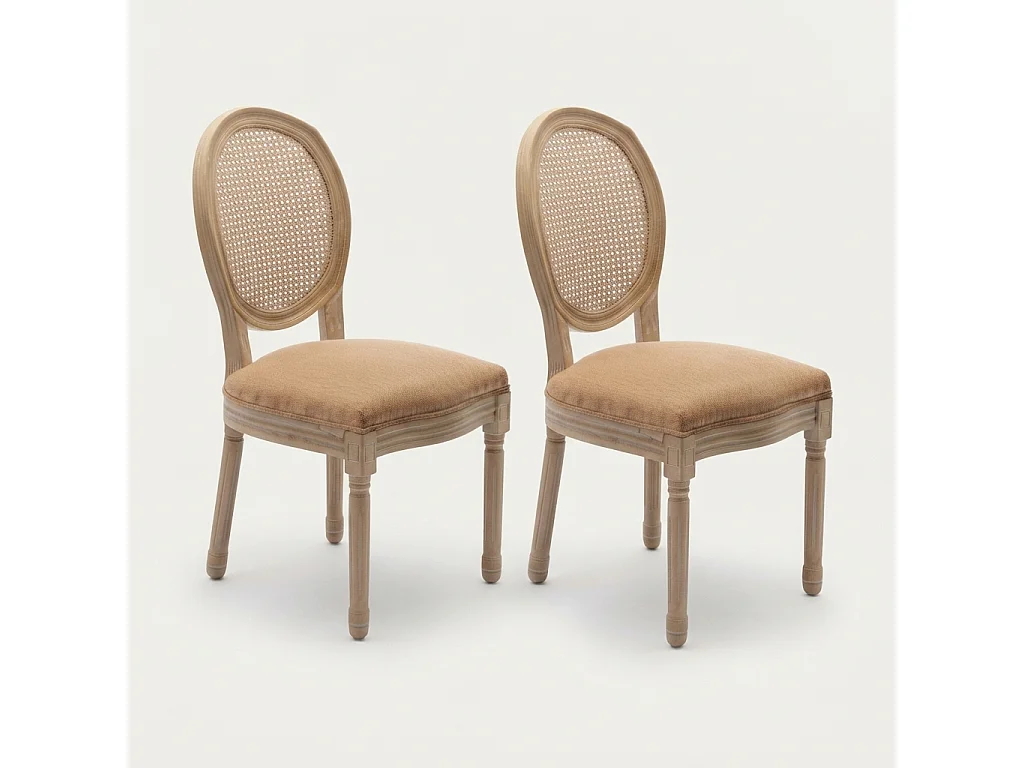 Lot de 2 Chaises de Salle à Manger en Bois Massif et Rotin, Style Médaillon Champêtre, Assise Tissu Lin Brun