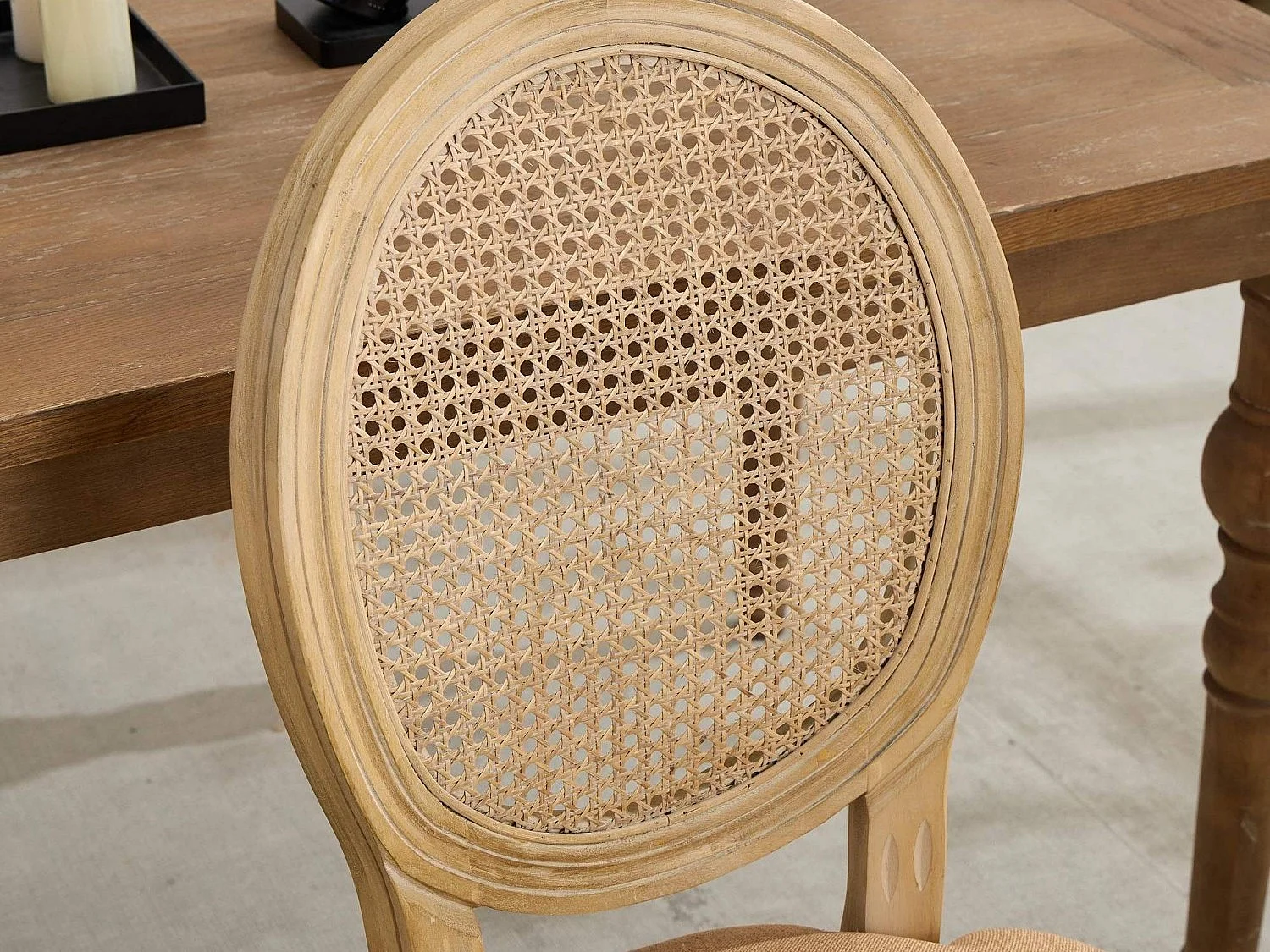 Lot de 2 Chaises de Salle à Manger en Bois Massif et Rotin, Style Médaillon Champêtre, Assise Tissu Lin Brun
