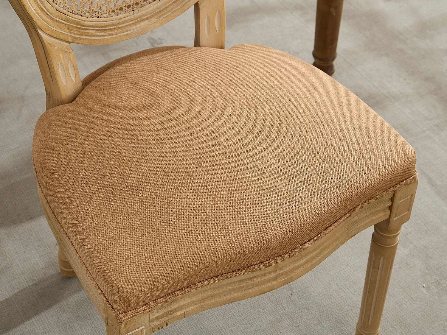 Lot de 2 Chaises de Salle à Manger en Bois Massif et Rotin, Style Médaillon Champêtre, Assise Tissu Lin Brun