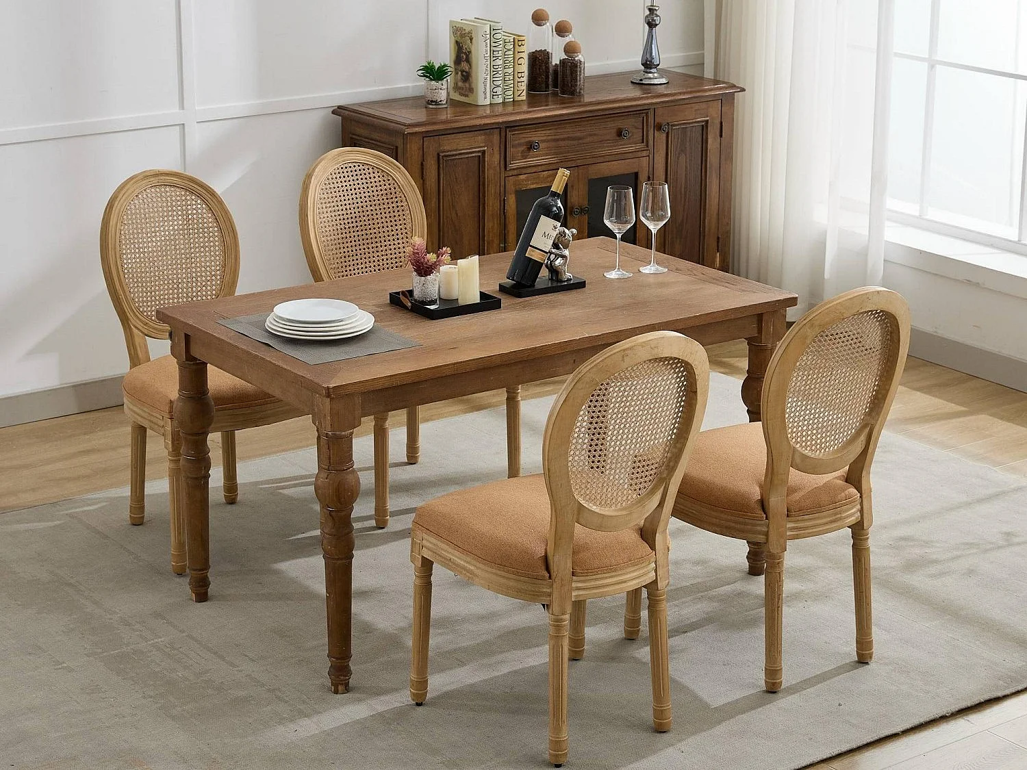 Lot de 2 Chaises de Salle à Manger en Bois Massif et Rotin, Style Médaillon Champêtre, Assise Tissu Lin Brun