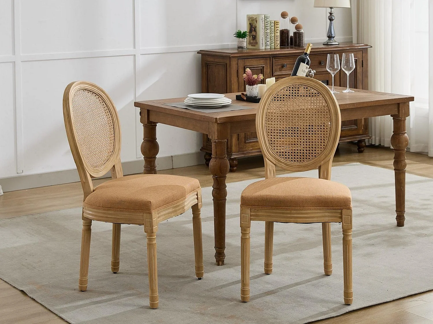 Lot de 2 Chaises de Salle à Manger en Bois Massif et Rotin, Style Médaillon Champêtre, Assise Tissu Lin Brun