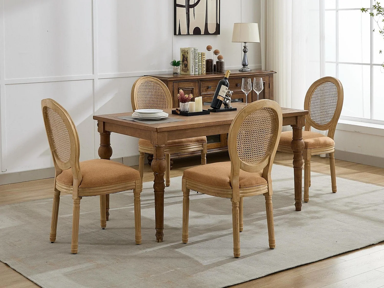 Lot de 2 Chaises de Salle à Manger en Bois Massif et Rotin, Style Médaillon Champêtre, Assise Tissu Lin Brun
