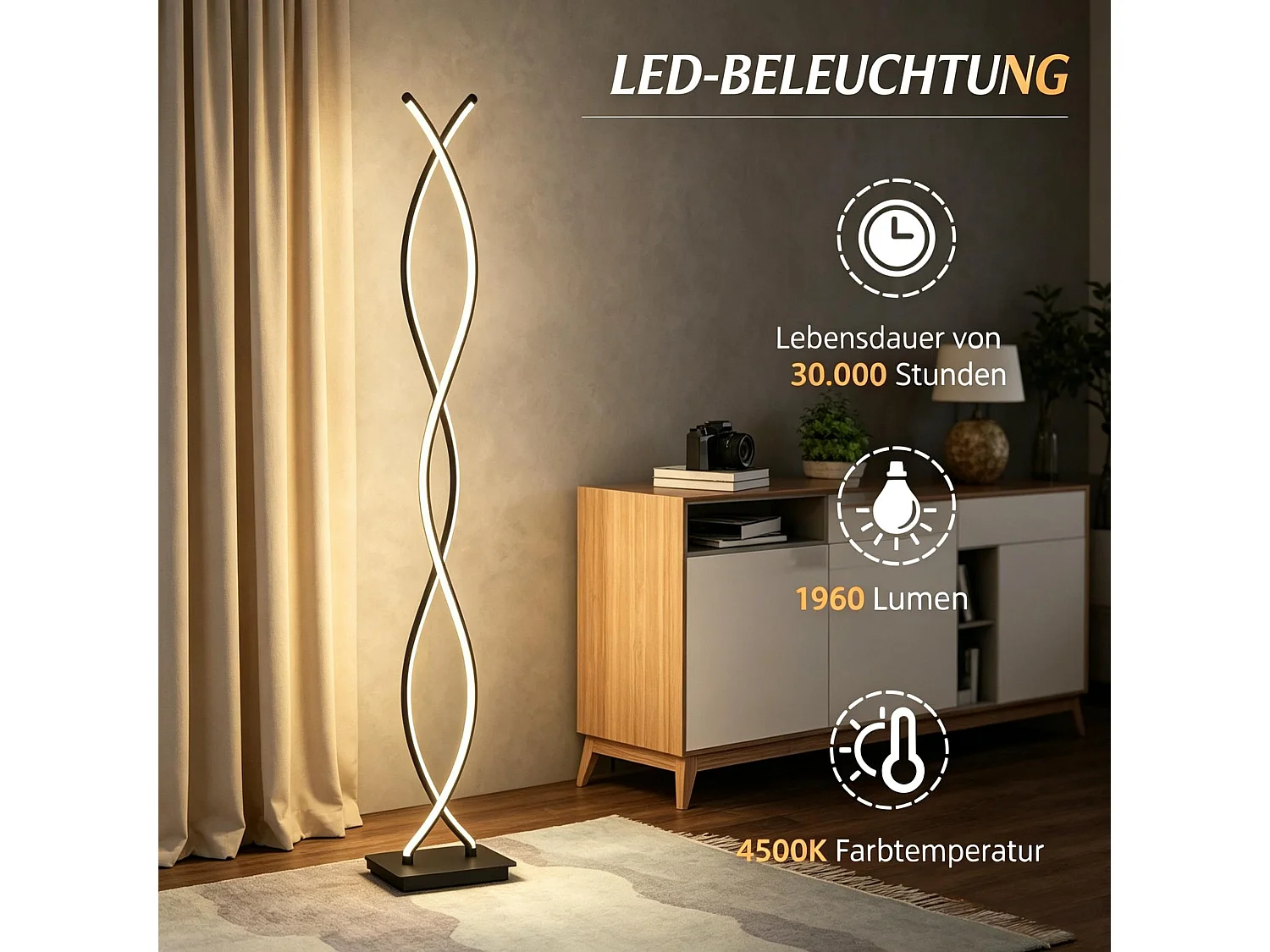 Lampadaire LED Design Double Spirale - Luminaire d'Exception pour Salon et Chambre - Noir, 28W, 4500K