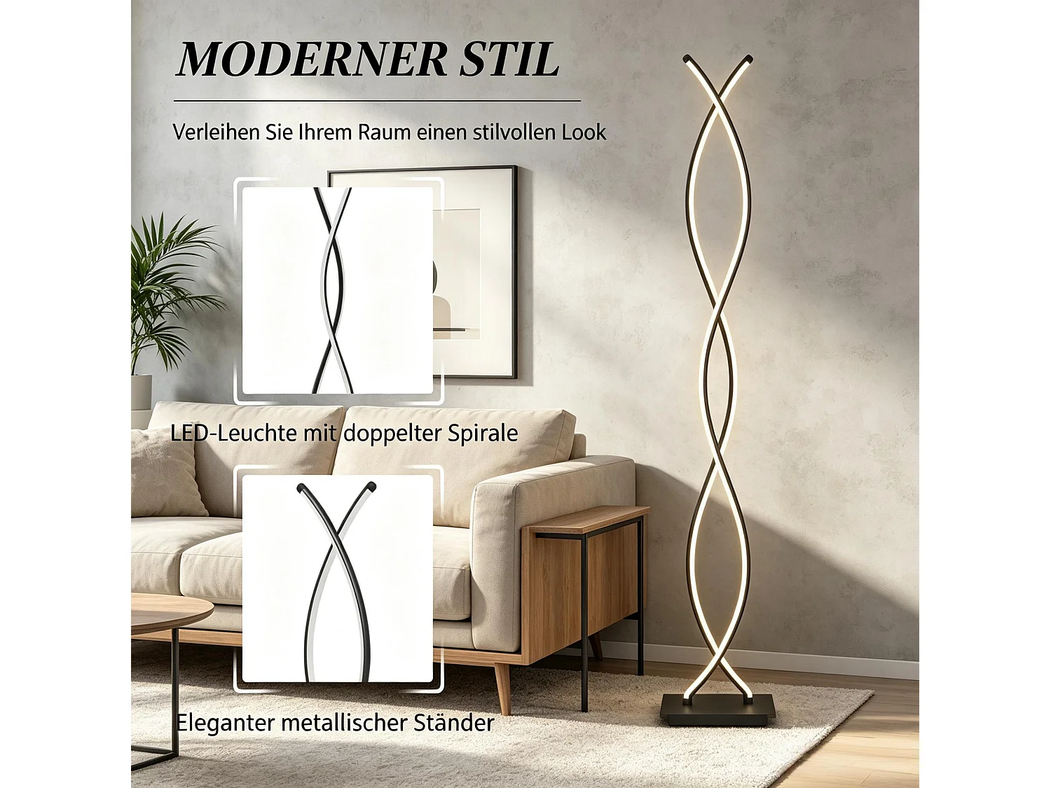 Lampadaire LED Design Double Spirale - Luminaire d'Exception pour Salon et Chambre - Noir, 28W, 4500K