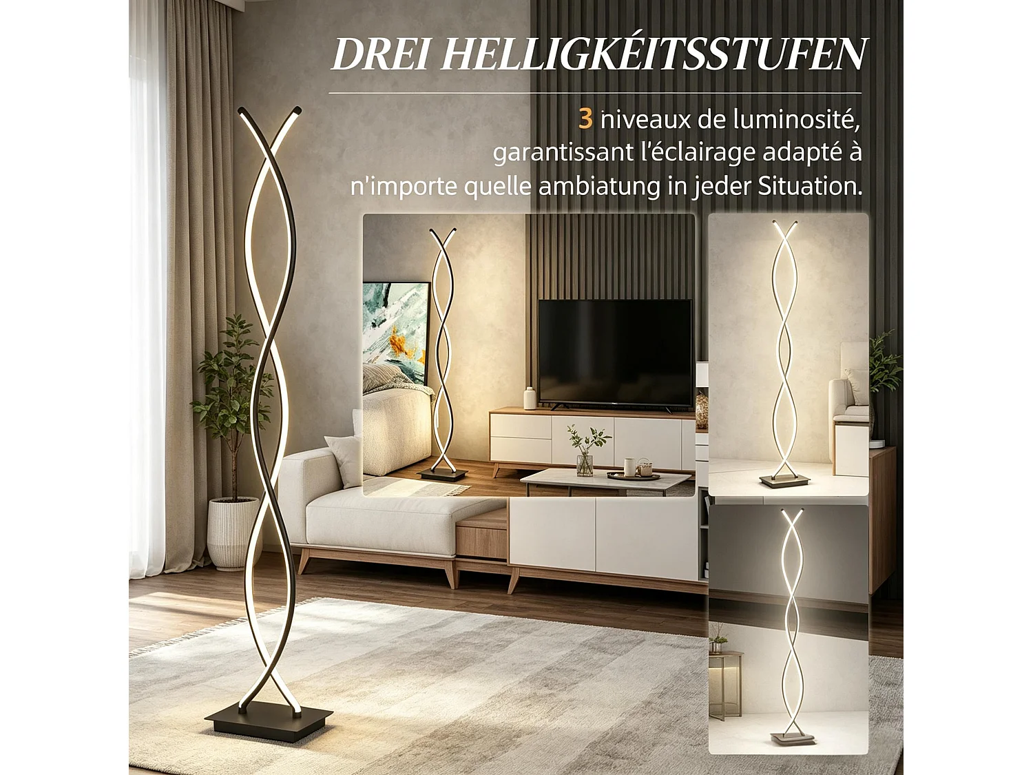 Lampadaire LED Design Double Spirale - Luminaire d'Exception pour Salon et Chambre - Noir, 28W, 4500K