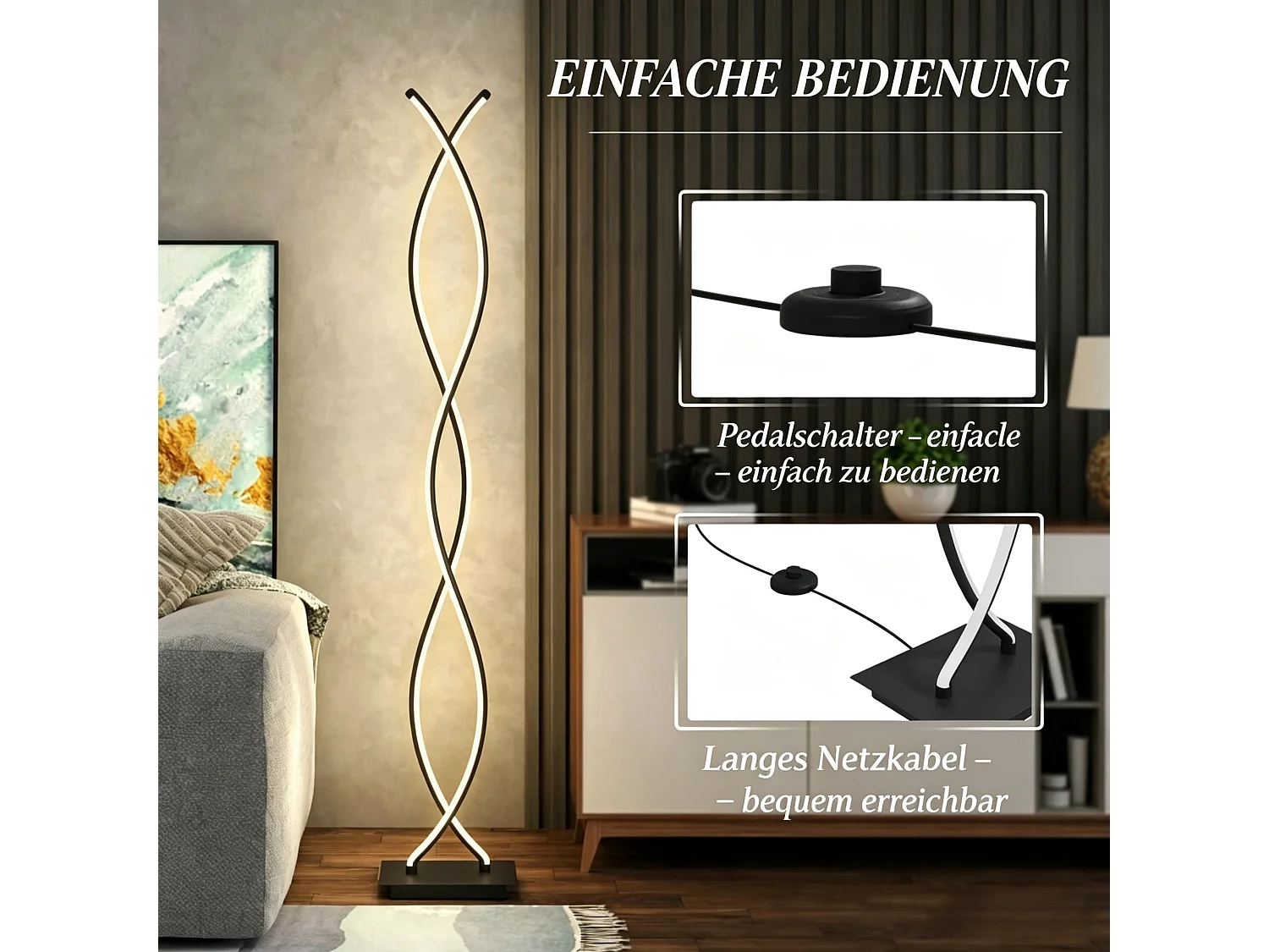 Lampadaire LED Design Double Spirale - Luminaire d'Exception pour Salon et Chambre - Noir, 28W, 4500K